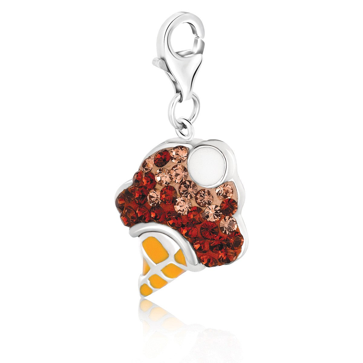 Sterling silver ice cream cone charms adorned with vibrant multi-color crystals, exuding elegance and luxury.