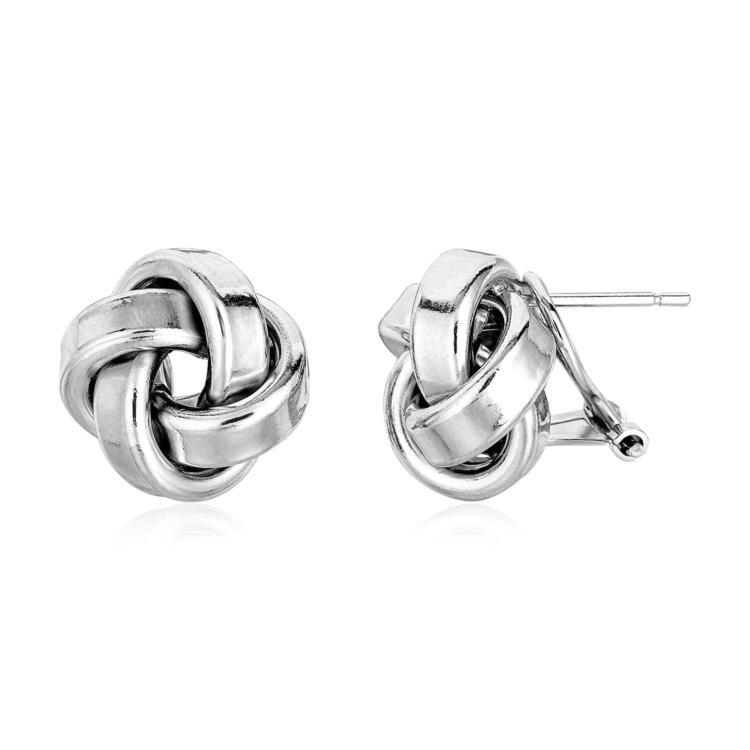 Sterling silver polished love knot earrings with a modern design, embodying luxury and elegance for any occasion.