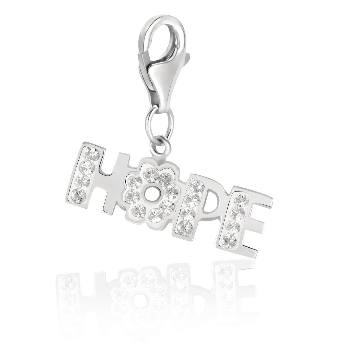 Sterling silver HOPE charm with white tone crystal accents, embodying modern luxury and exquisite craftsmanship.
