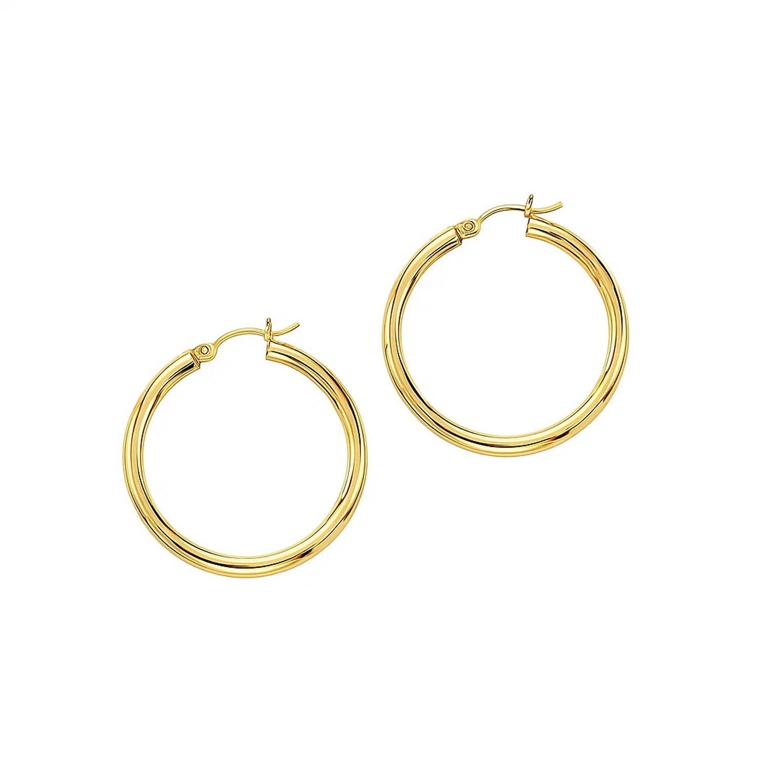 14k yellow gold polished hoop earrings, modern design, elegant 3x30mm size, perfect for luxury jewelry lovers.