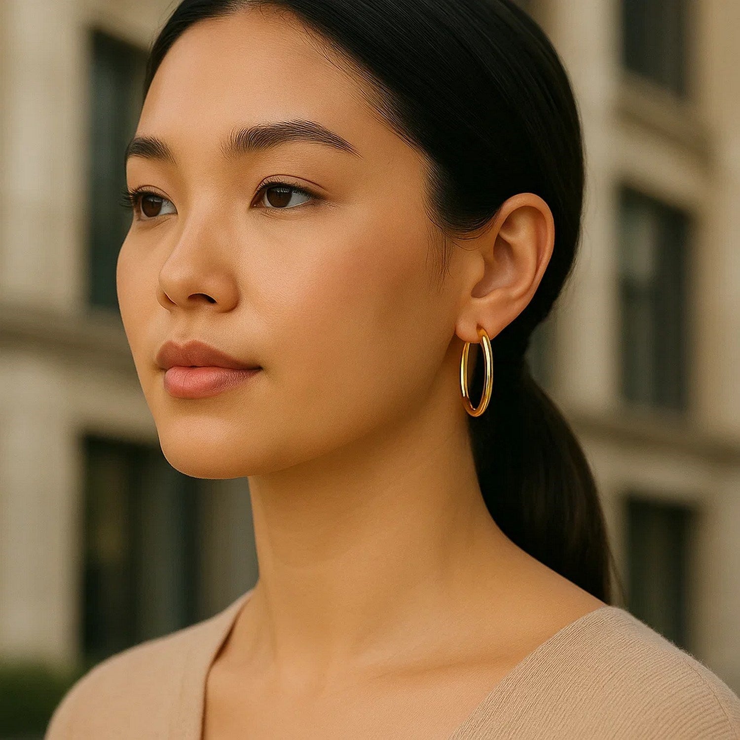 14k yellow gold polished hoop earrings, modern design, elegant 30mm size, perfect for sophisticated occasions.
