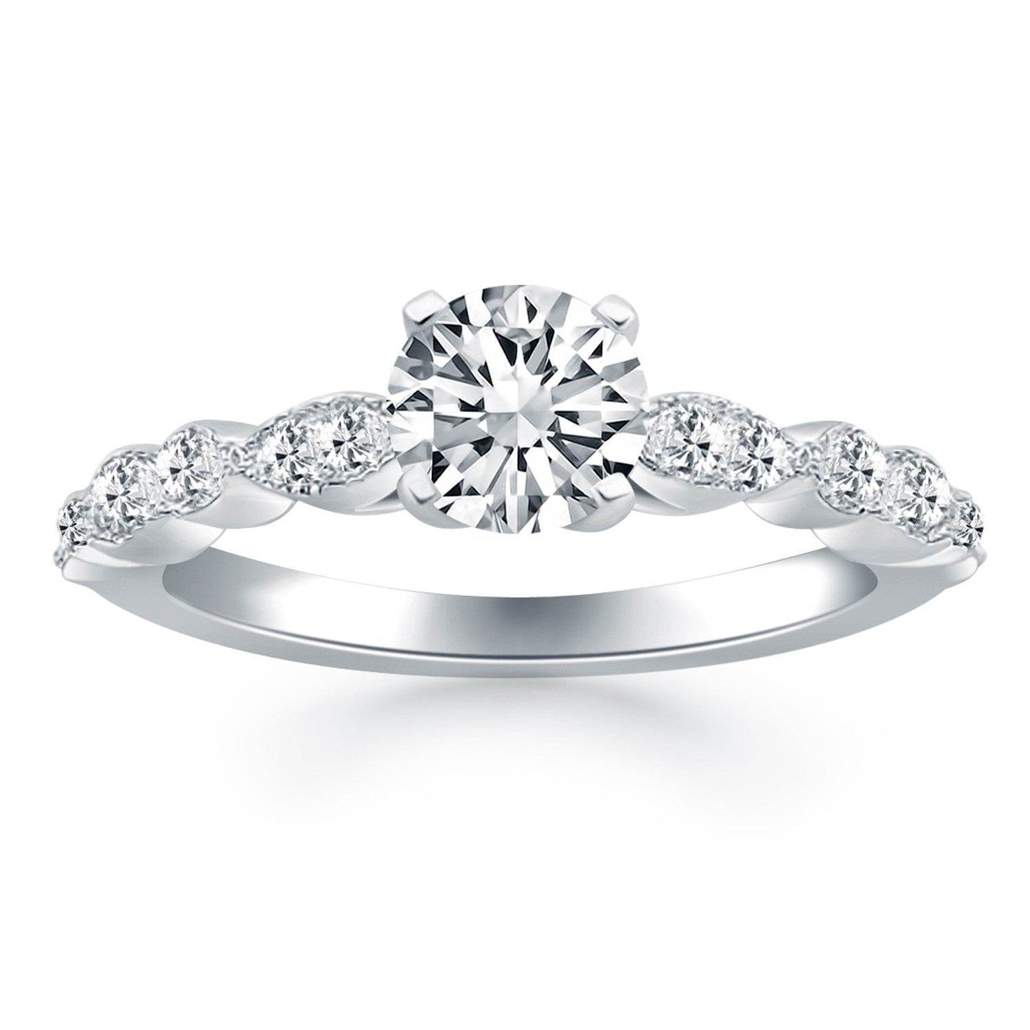 14k white gold fancy shaped diamond engagement ring with modern prong setting and exquisite round diamonds.