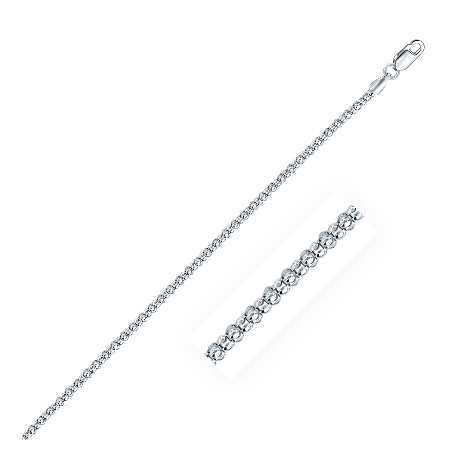 Rhodium plated 2.5mm sterling silver popcorn style chain, modern design perfect for layering or standalone elegance.