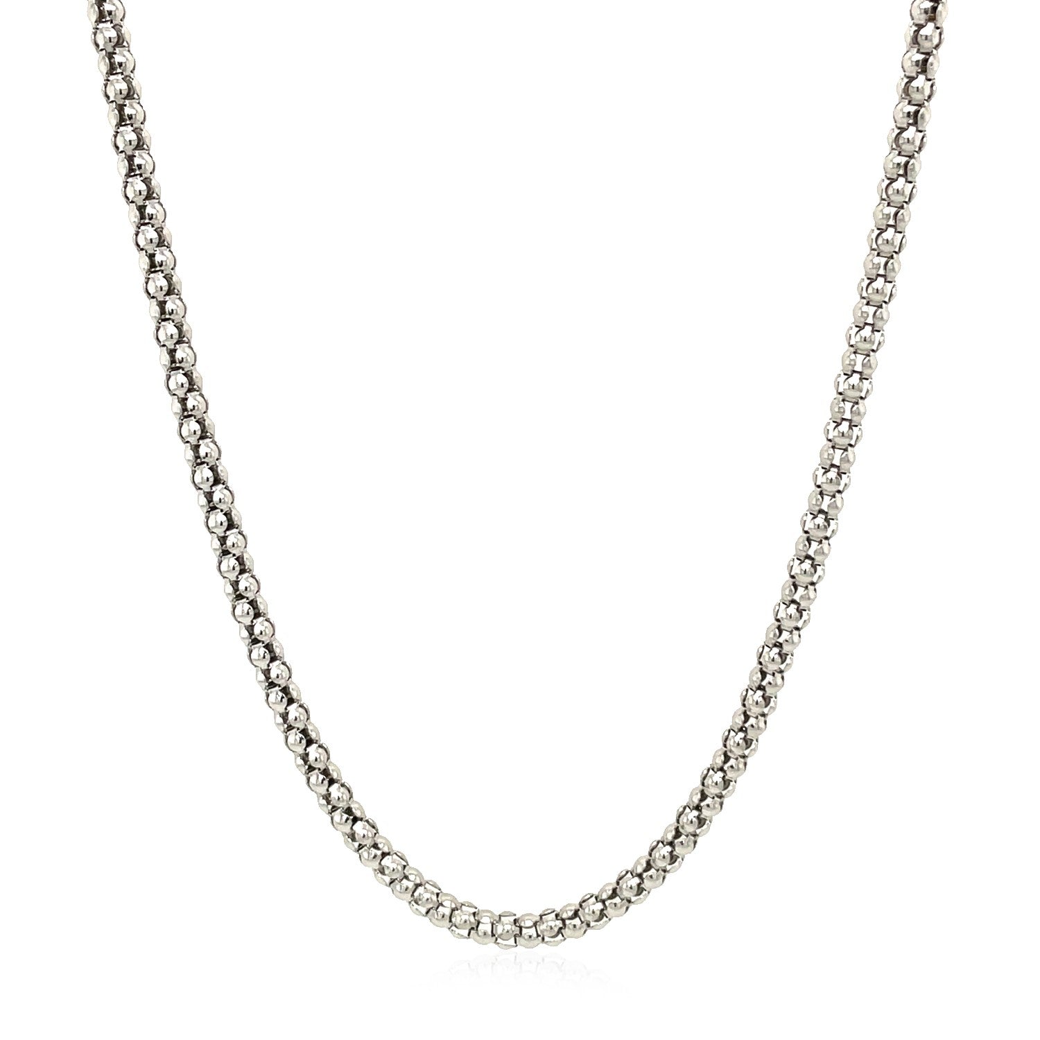 Rhodium plated 2.5mm sterling silver popcorn style chain with modern design and elegant shine.