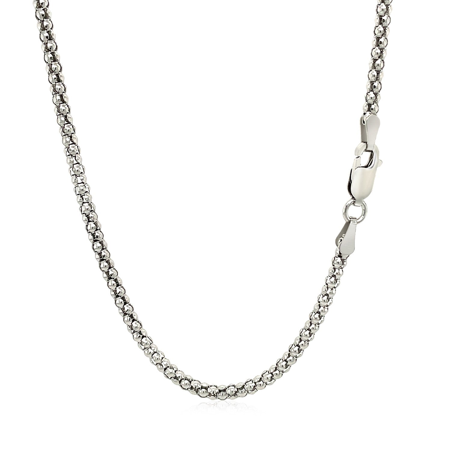Rhodium plated 2.5mm sterling silver popcorn style chain, modern design with elegant texture and shine.