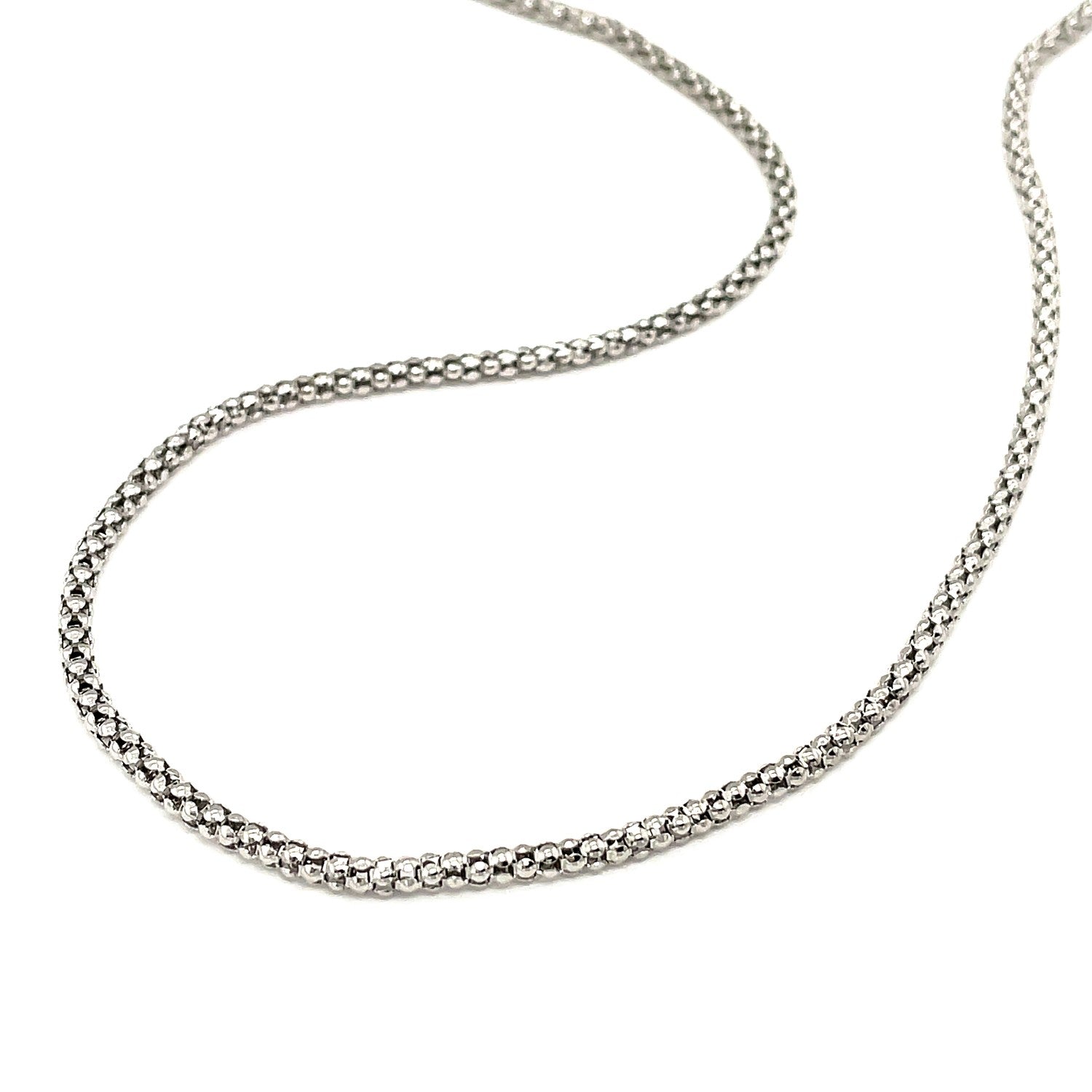 Rhodium plated 2.5mm sterling silver popcorn style chain with modern design and exquisite shine.