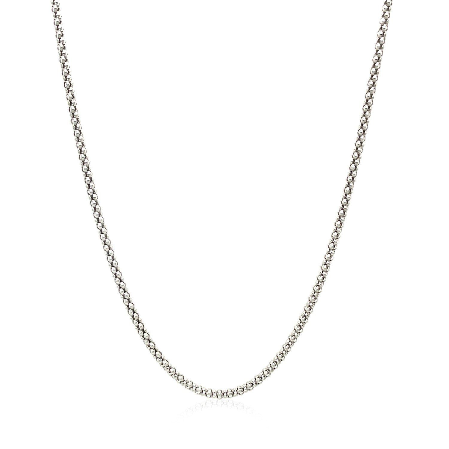 Rhodium plated 1.8mm sterling silver popcorn style chain with modern design, perfect for layering or standalone elegance.
