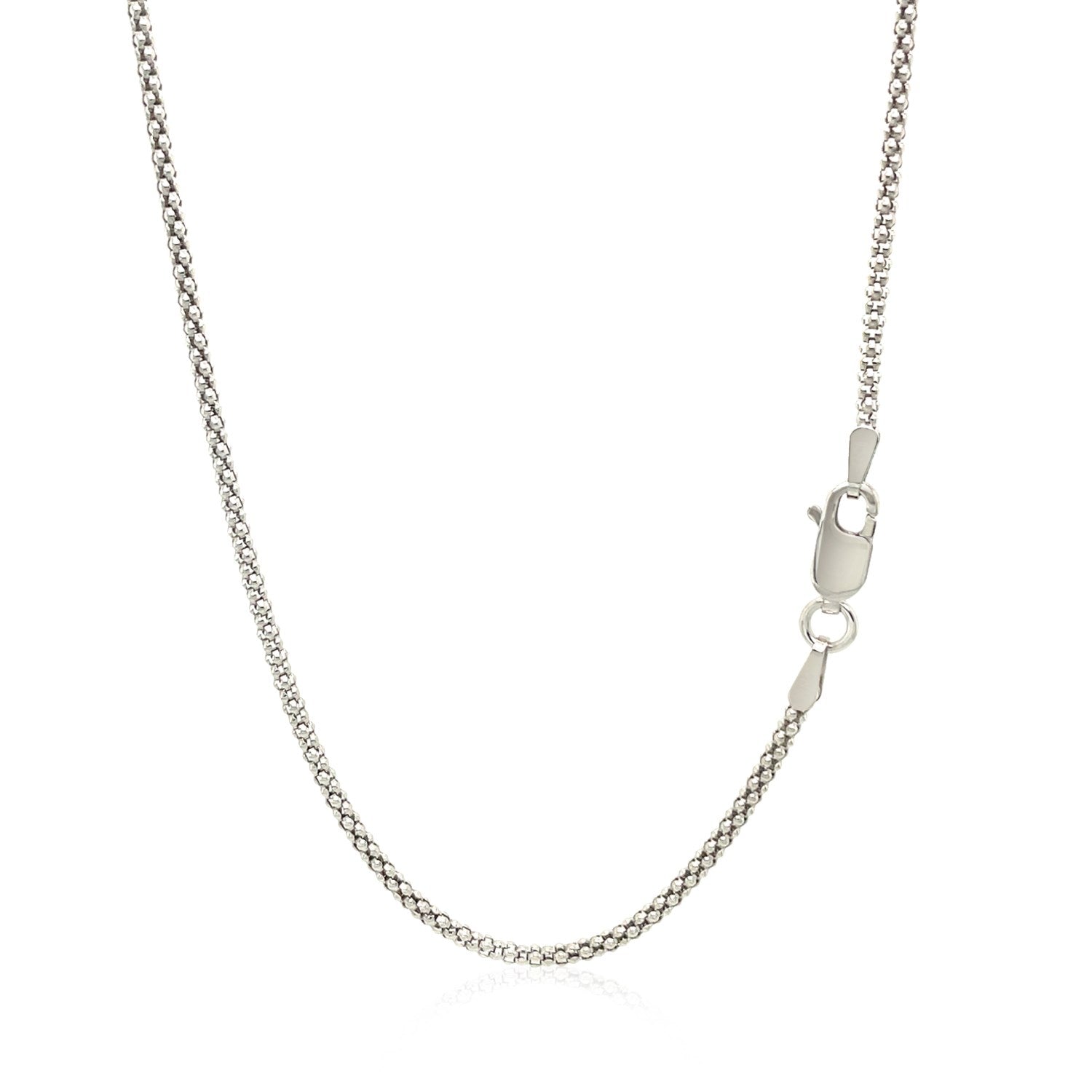 Rhodium plated 1.8mm sterling silver popcorn style chain, modern design with elegant texture and shine.