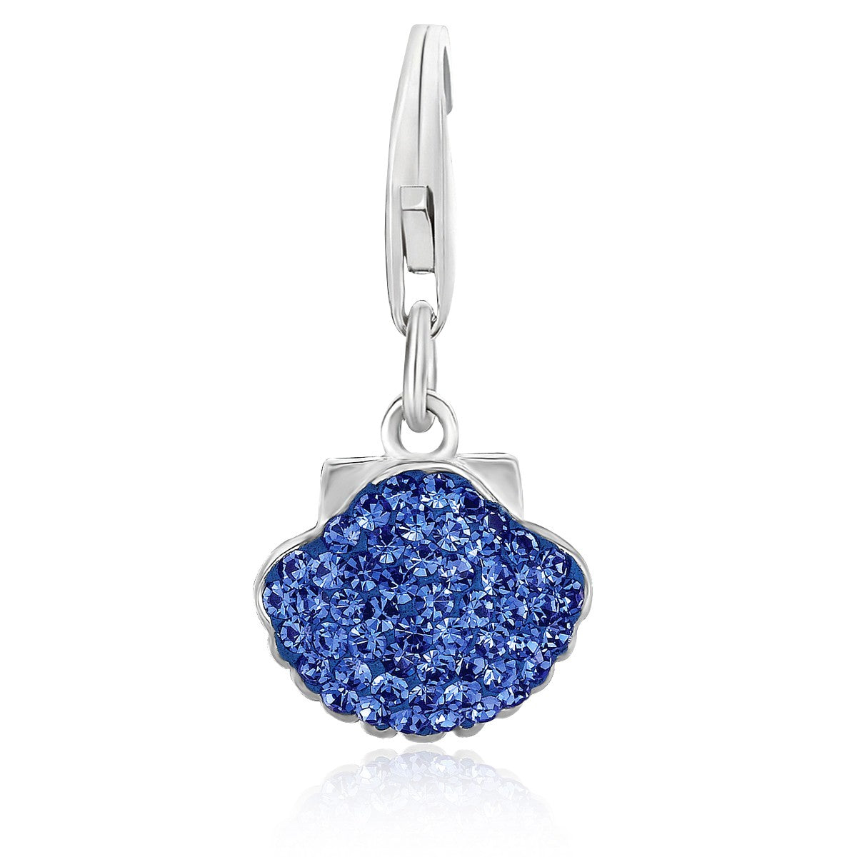 Sterling silver charm featuring a blue tone crystal encrusted sea shell, exuding elegance and luxury.