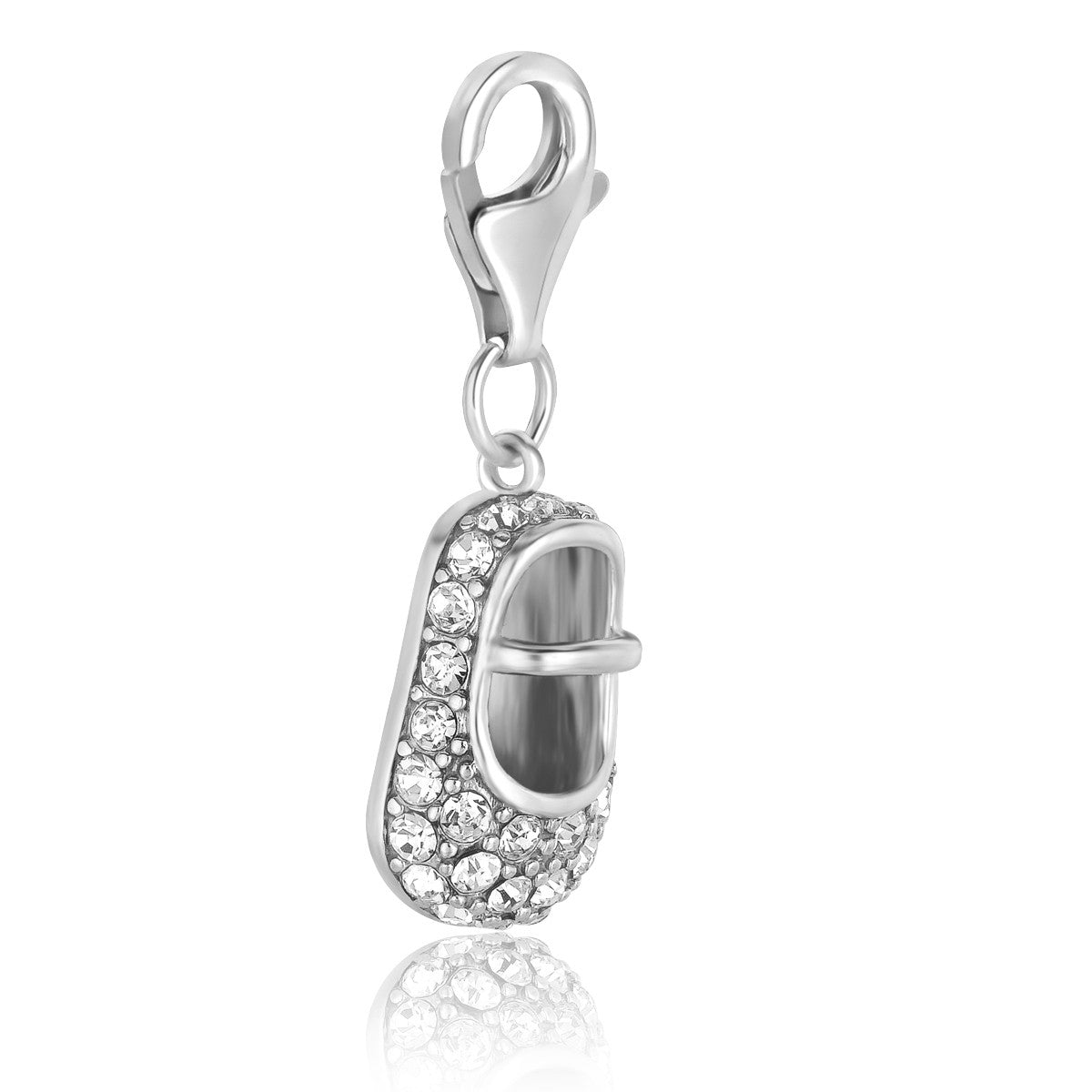 Sterling silver baby shoe charms adorned with white tone crystals, exuding elegance and luxury for charm bracelets.