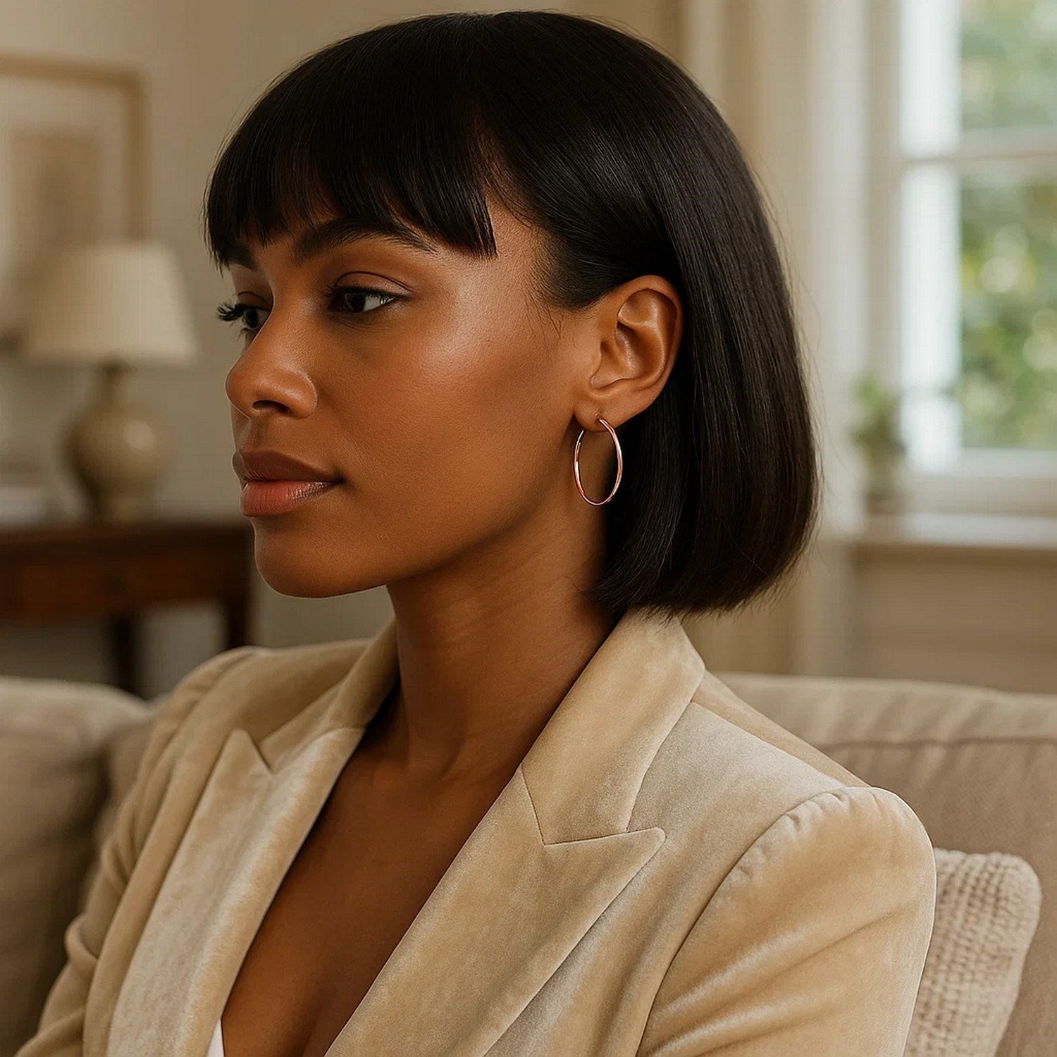 14k rose gold polished hoop earrings with a modern design, showcasing elegant curves and a luxurious shine.