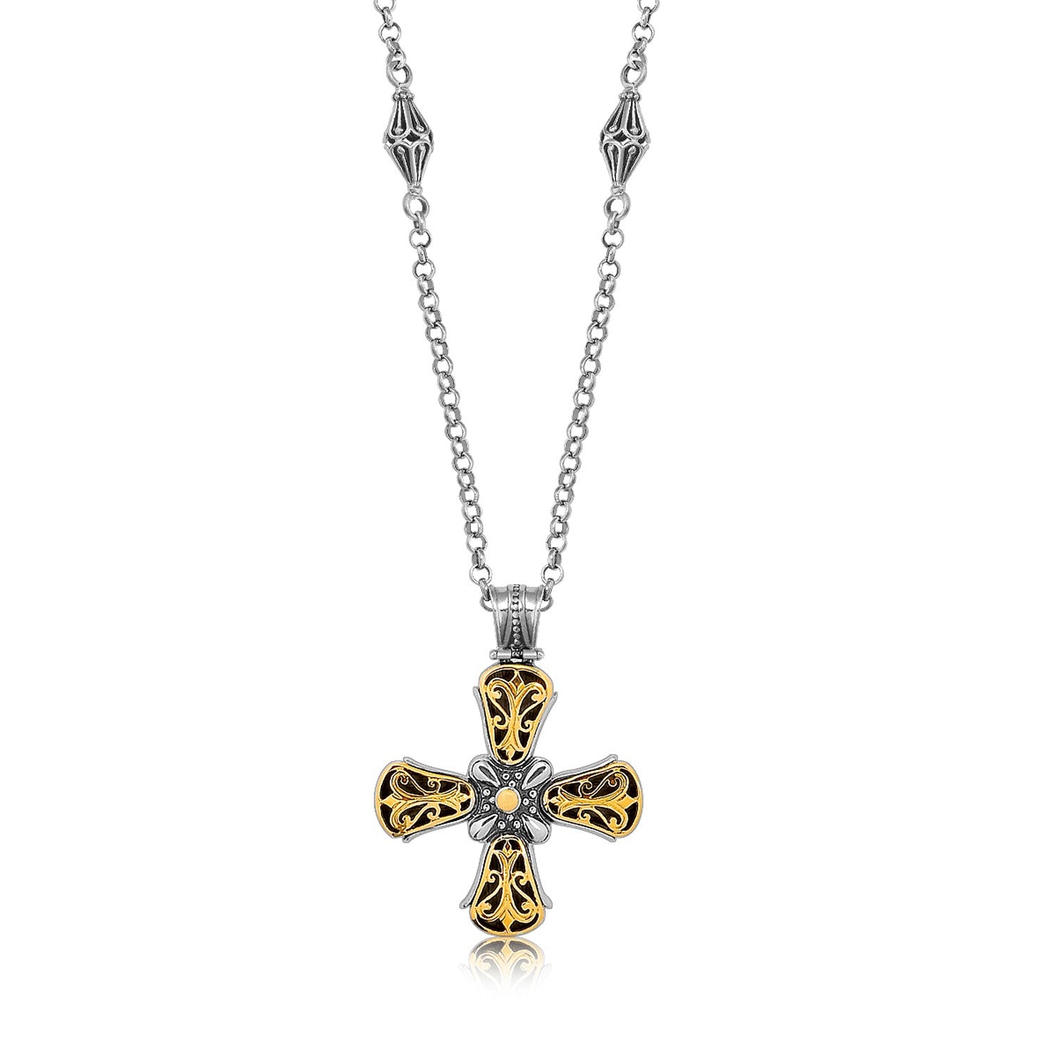 18K yellow gold and sterling silver antique style cross pendant with intricate detailing and luxurious finish.