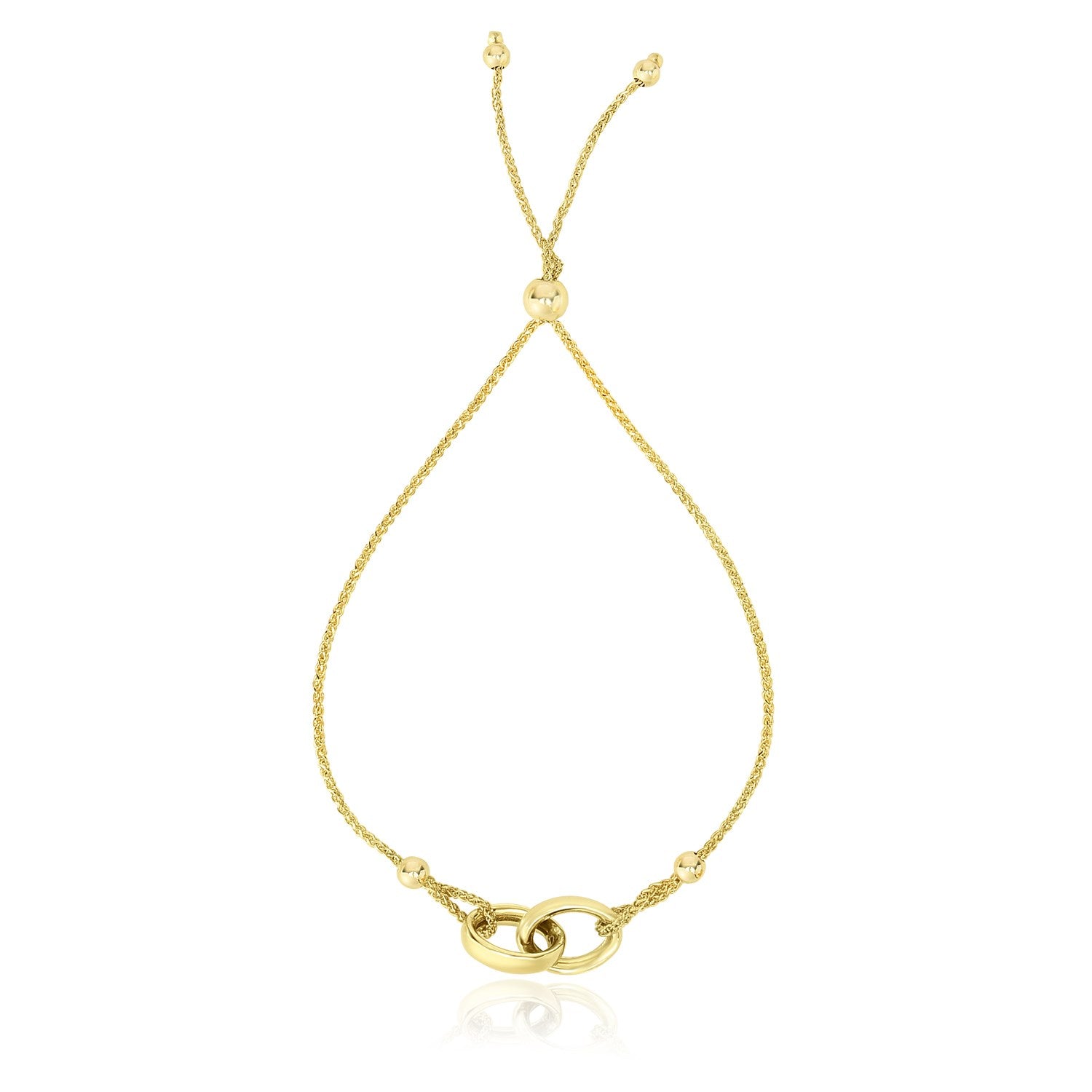 14k yellow gold adjustable lariat bracelet featuring entwined rings in a modern design, perfect for elegant layering.