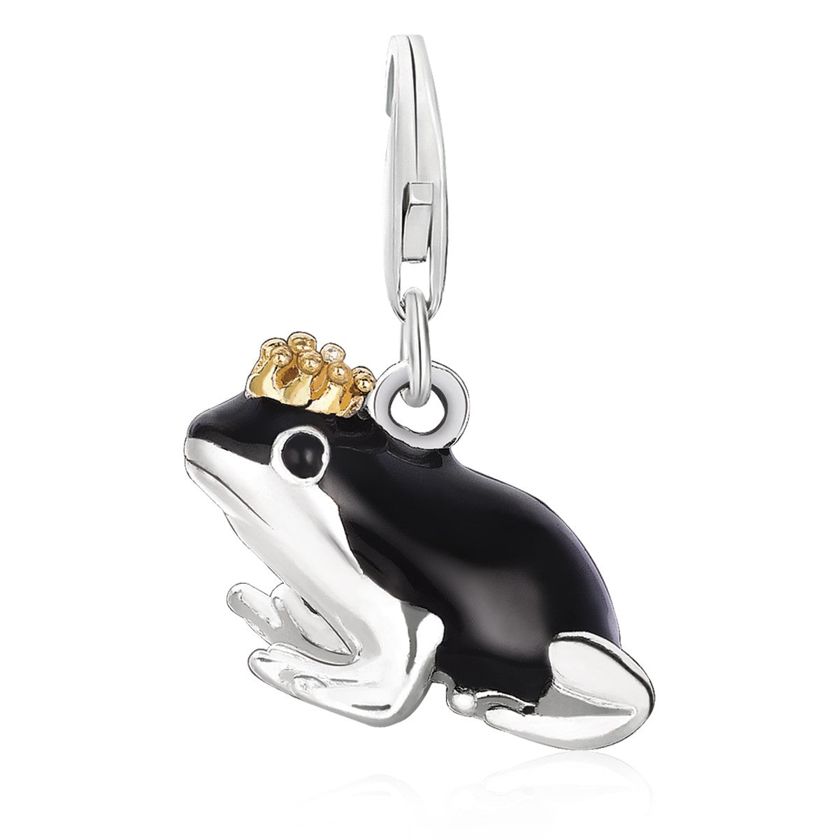 Sterling silver frog prince charm with luxurious black enamel finishing, perfect for adding elegance to any bracelet.