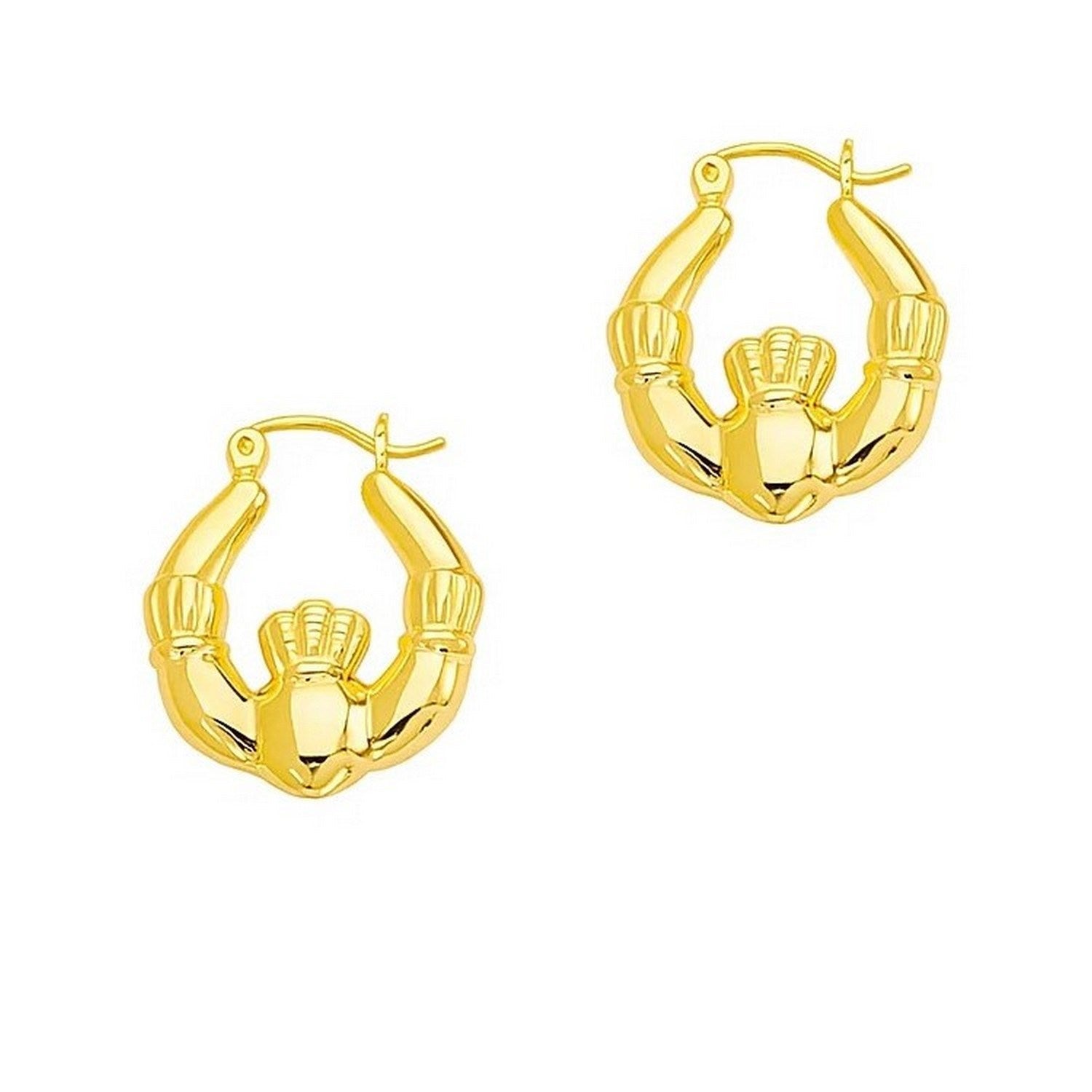14K yellow gold modern Claddagh symbol hoop earrings, showcasing timeless elegance and craftsmanship.