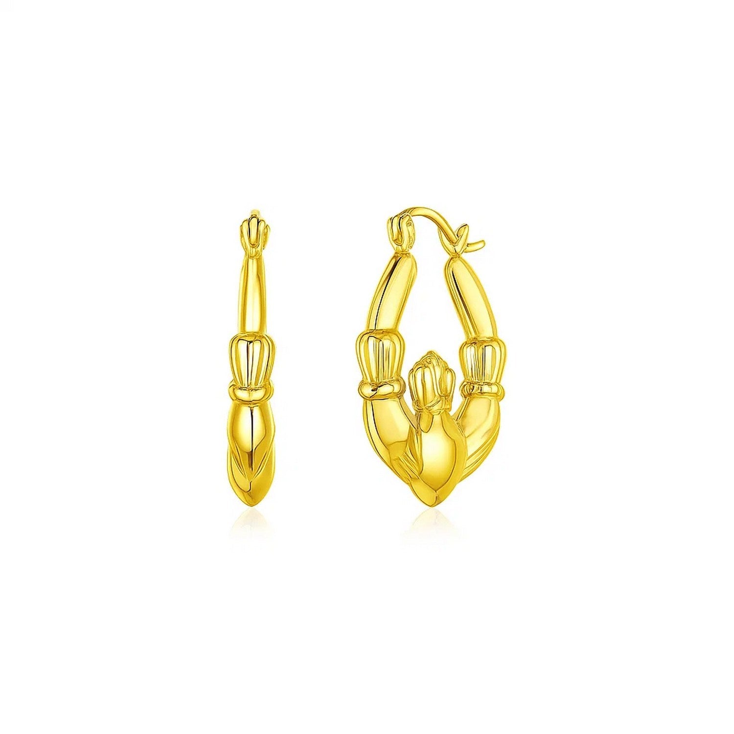 14k yellow gold modern Claddagh symbol hoop earrings showcasing elegant craftsmanship and timeless design.
