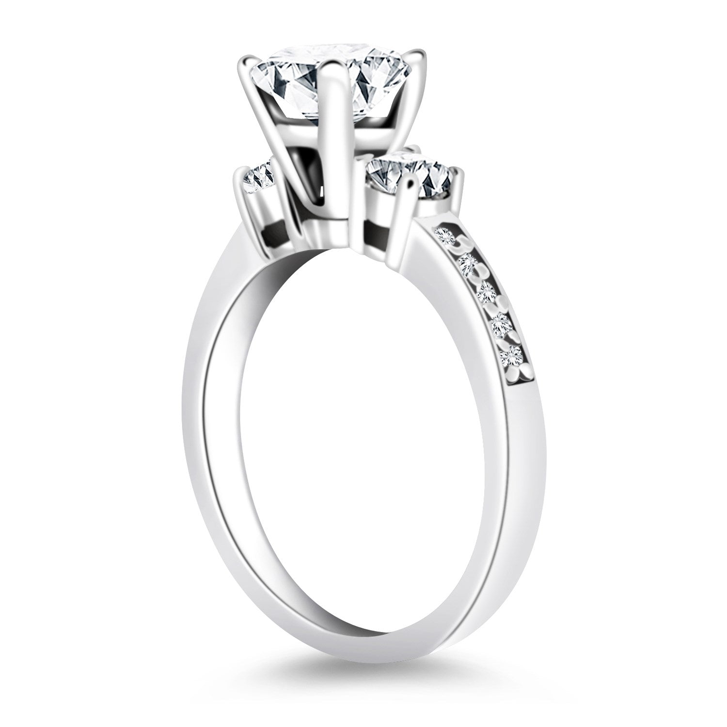 14k white gold three stone engagement ring featuring a diamond band in a modern prong setting.