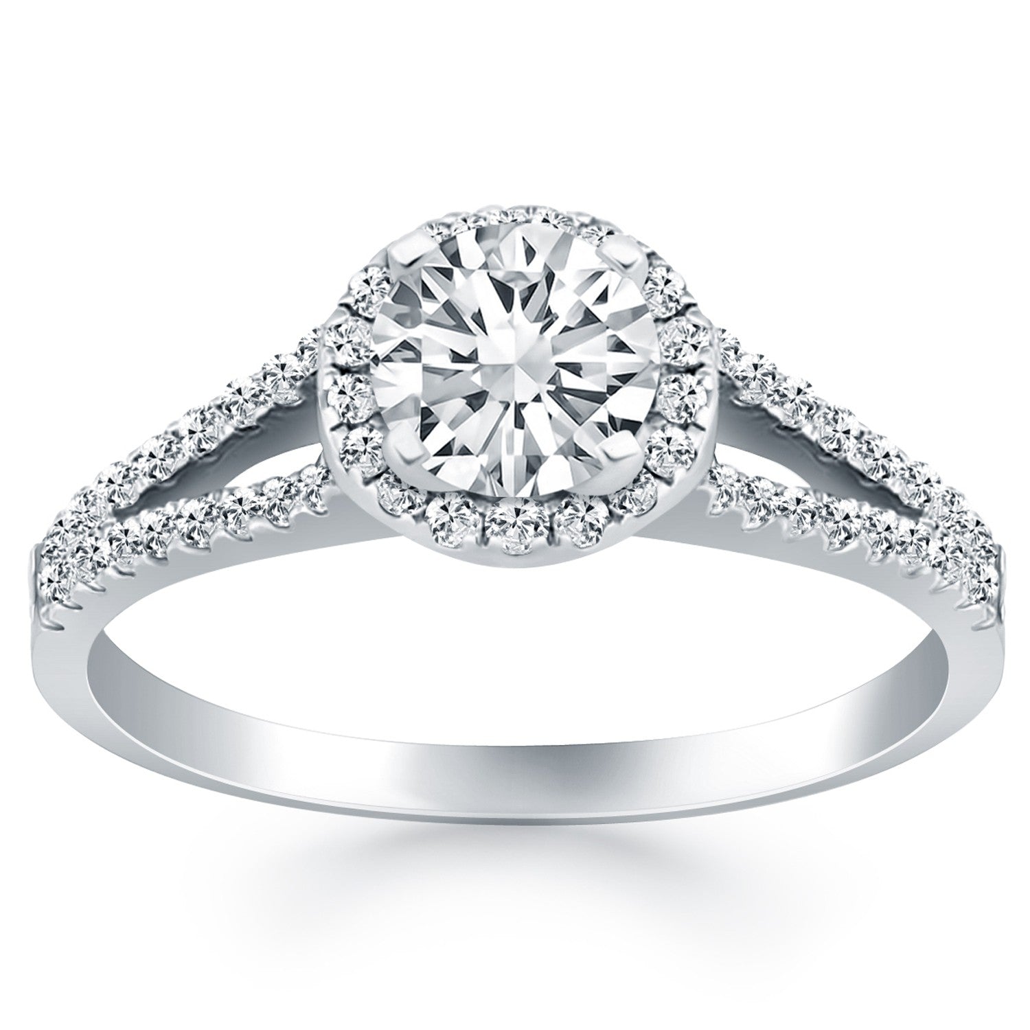 14k white gold diamond halo split shank engagement ring featuring a stunning round center stone in a modern design.