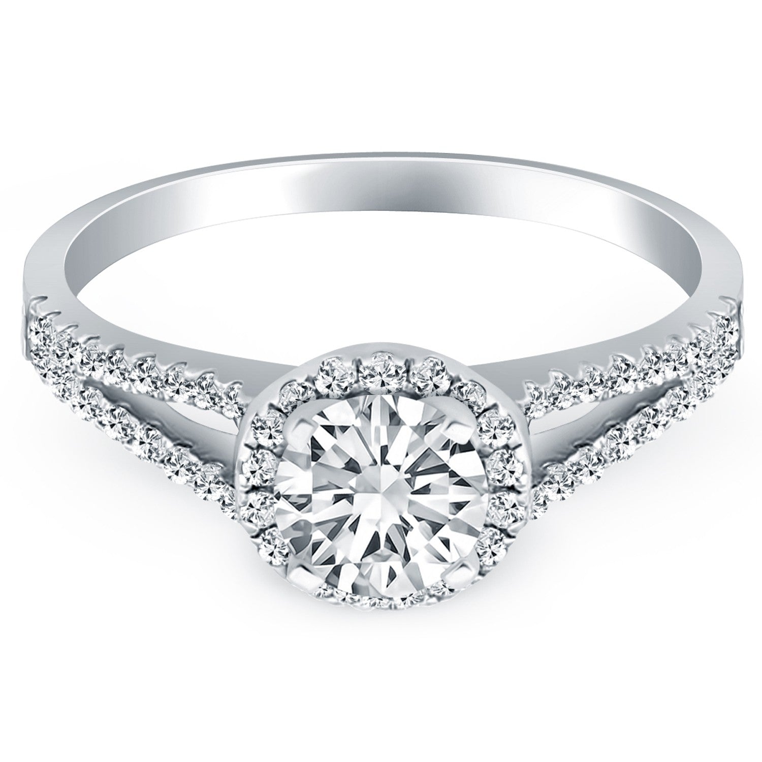 14k white gold diamond halo split shank engagement ring featuring a stunning round center stone in modern design.