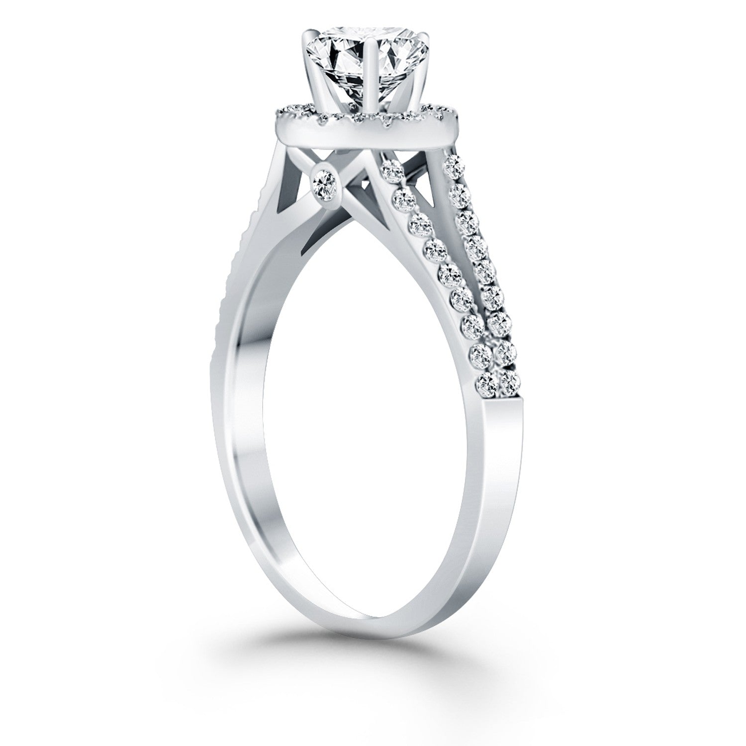 14k white gold diamond halo split shank engagement ring featuring a stunning round center stone in modern design.