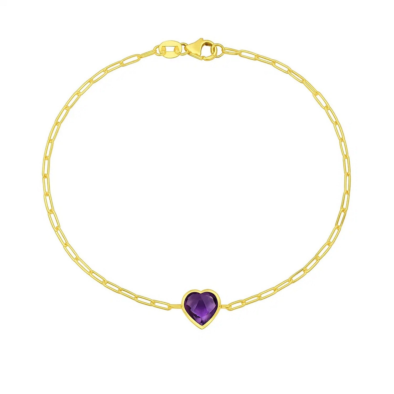 14k yellow gold minimalist bracelet featuring a bezel-set amethyst heart on a delicate chain.