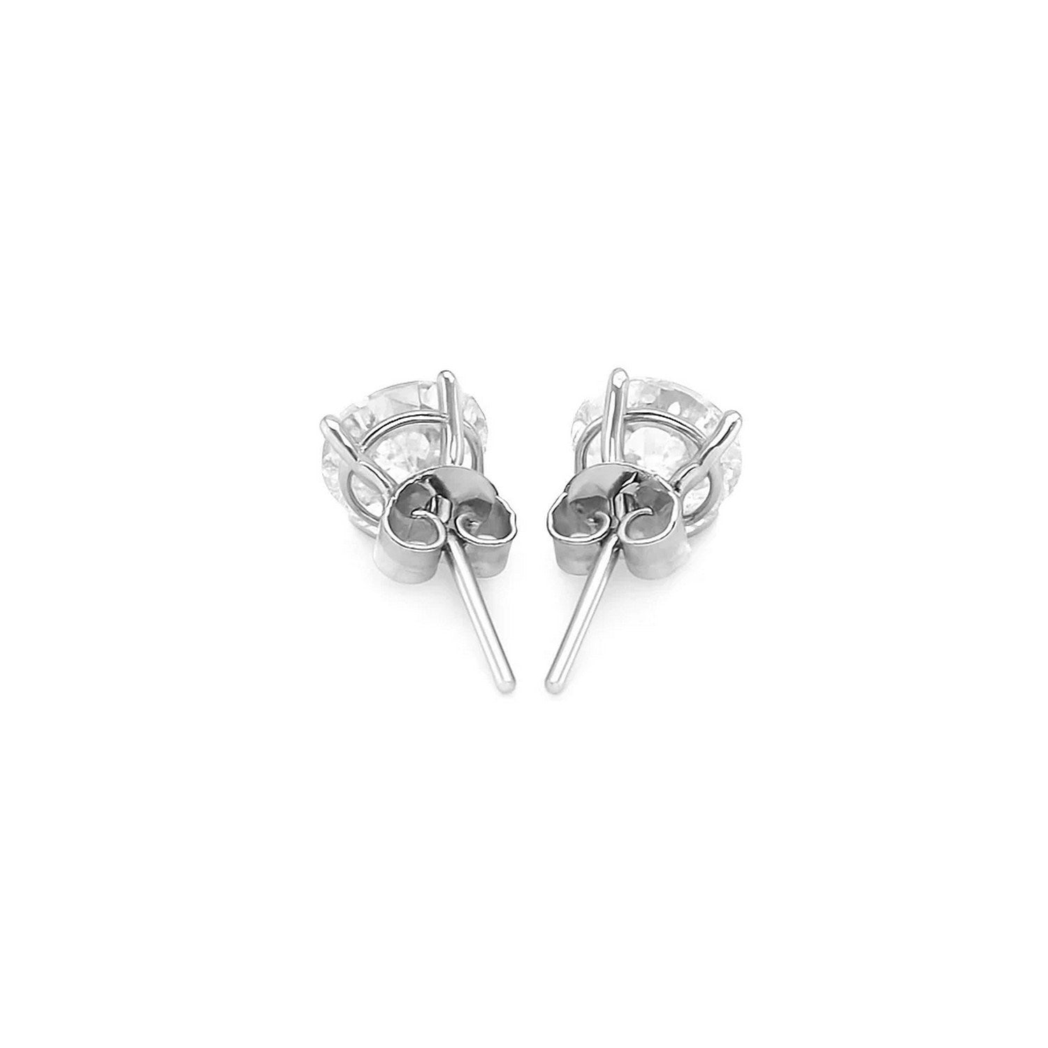 Sterling silver polished stud earrings featuring faceted white hue cubic zirconia in elegant prong setting.