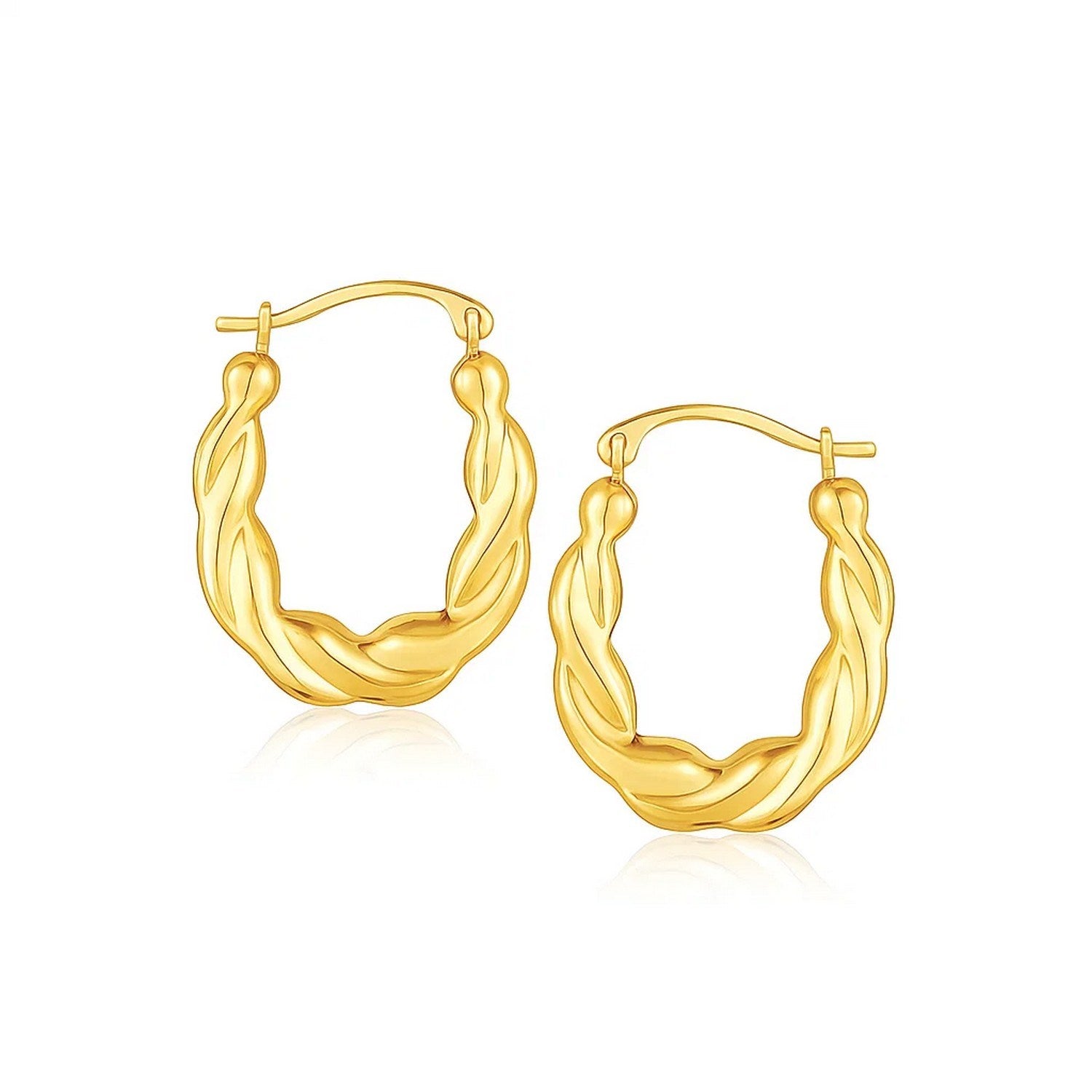 14k yellow gold oval twist hoop earrings featuring a modern design and elegant shine for a luxurious touch.