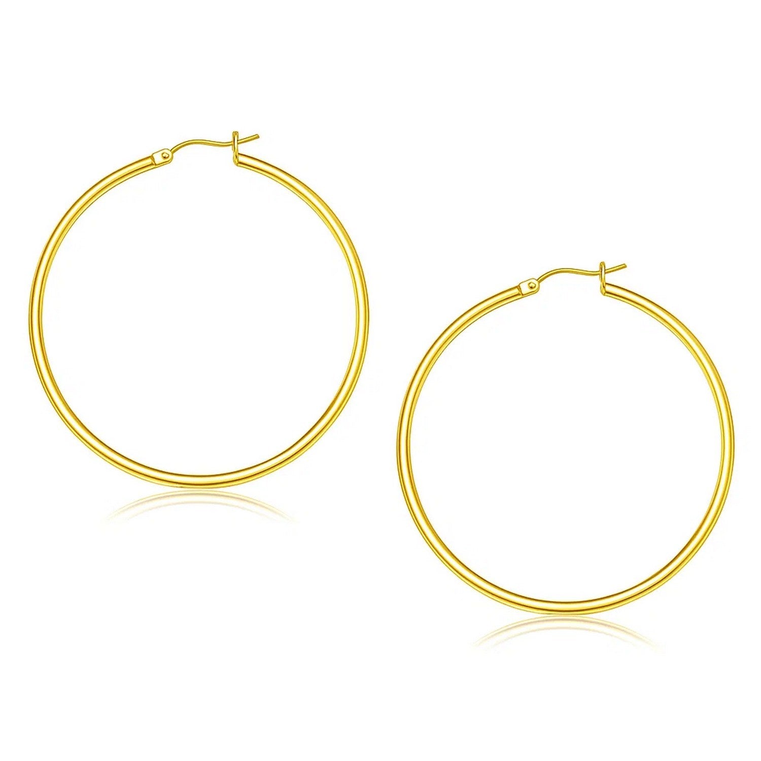 14k yellow gold polished hoop earrings, modern design, 45mm diameter, perfect for elegant everyday wear.