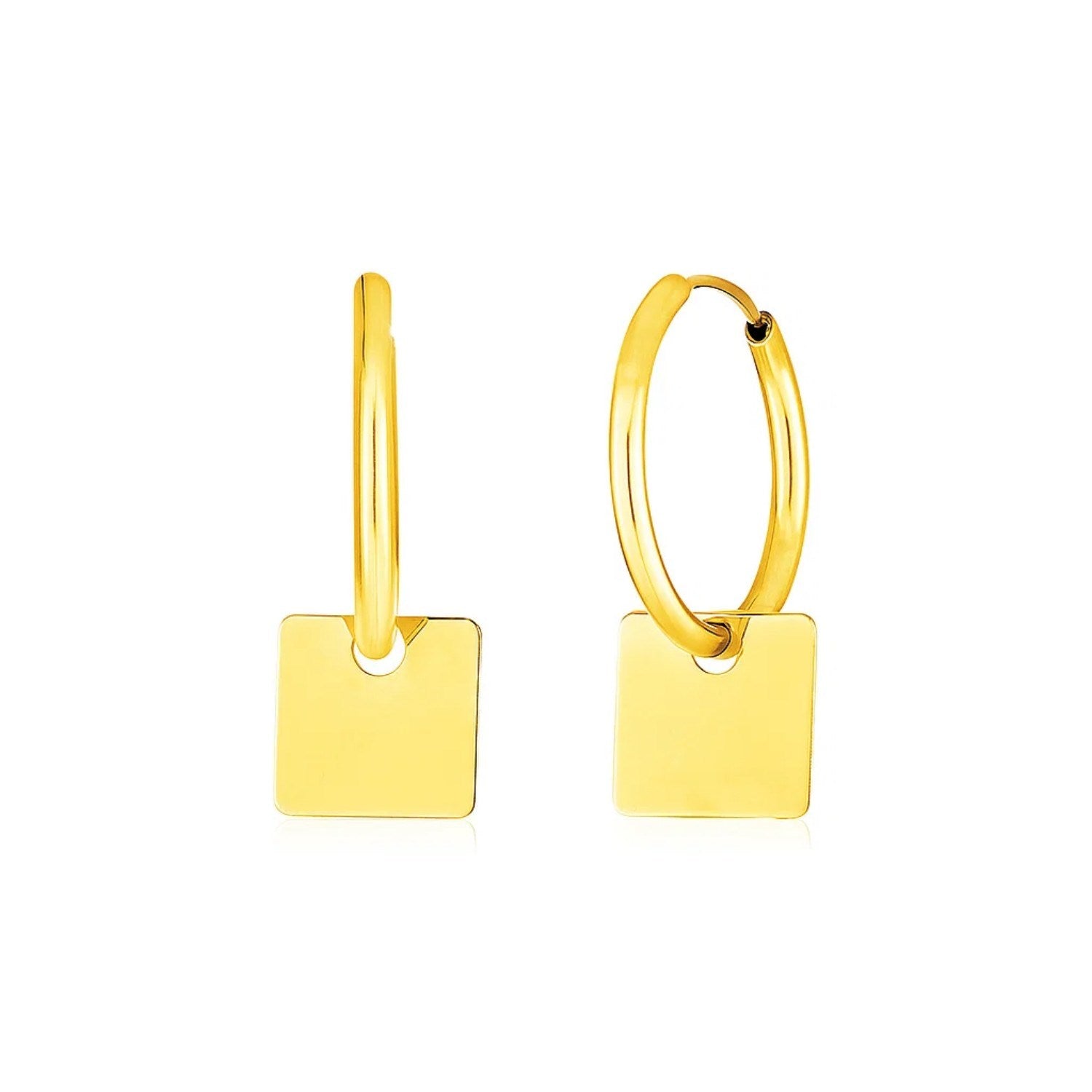 14k yellow gold polished huggie hoop earrings featuring elegant square drop accents for a modern touch.