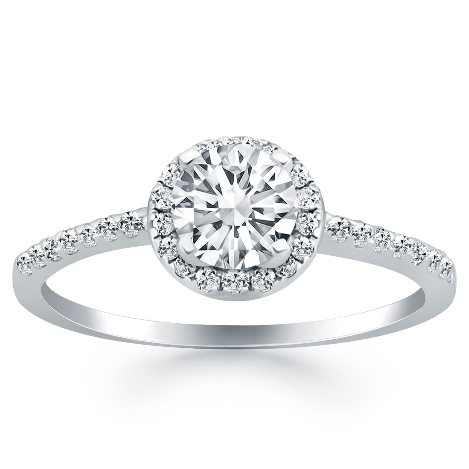 14k white gold diamond halo engagement ring with a modern prong setting and exquisite brilliance.