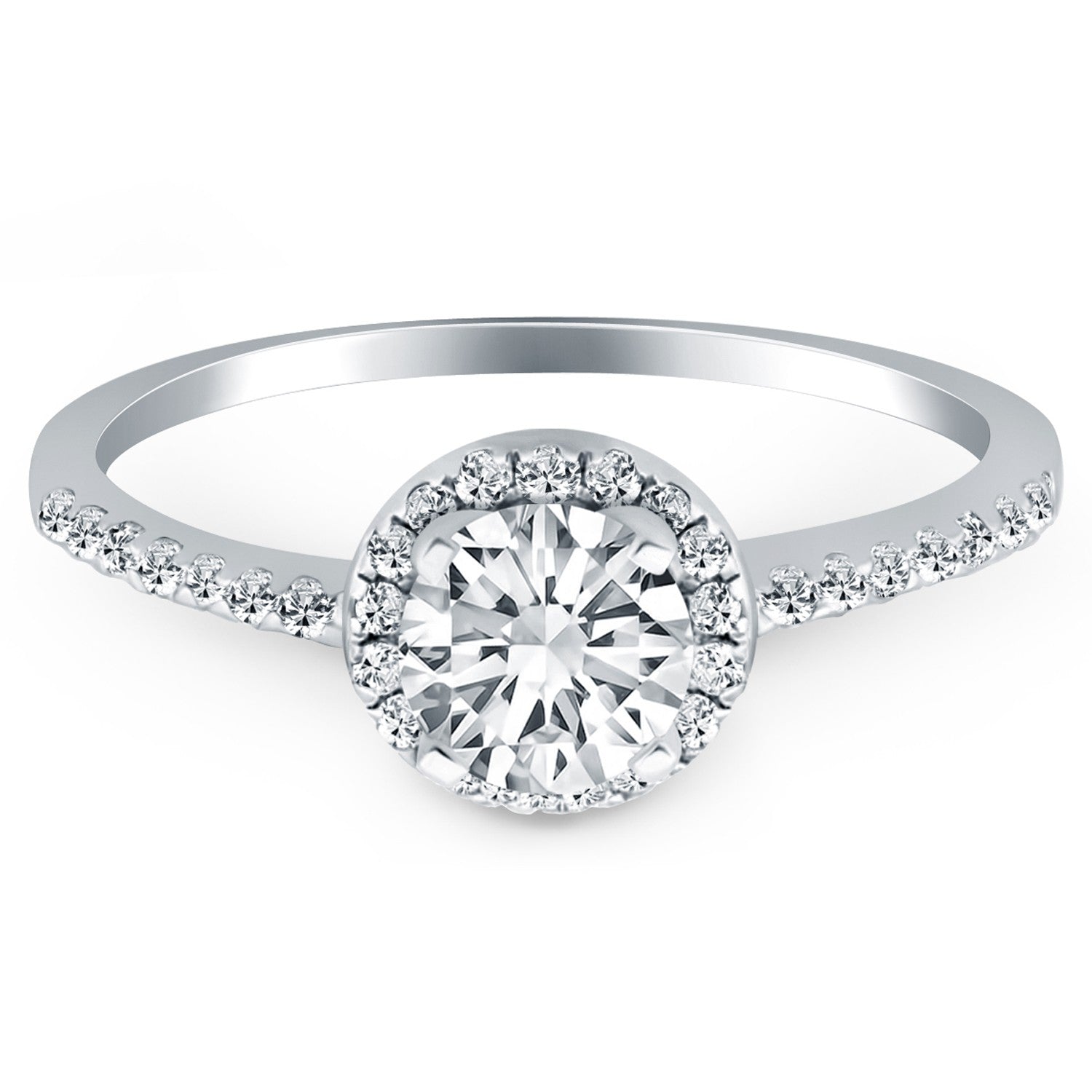 14k white gold diamond halo engagement ring with elegant prong setting and modern design, showcasing exquisite craftsmanship.