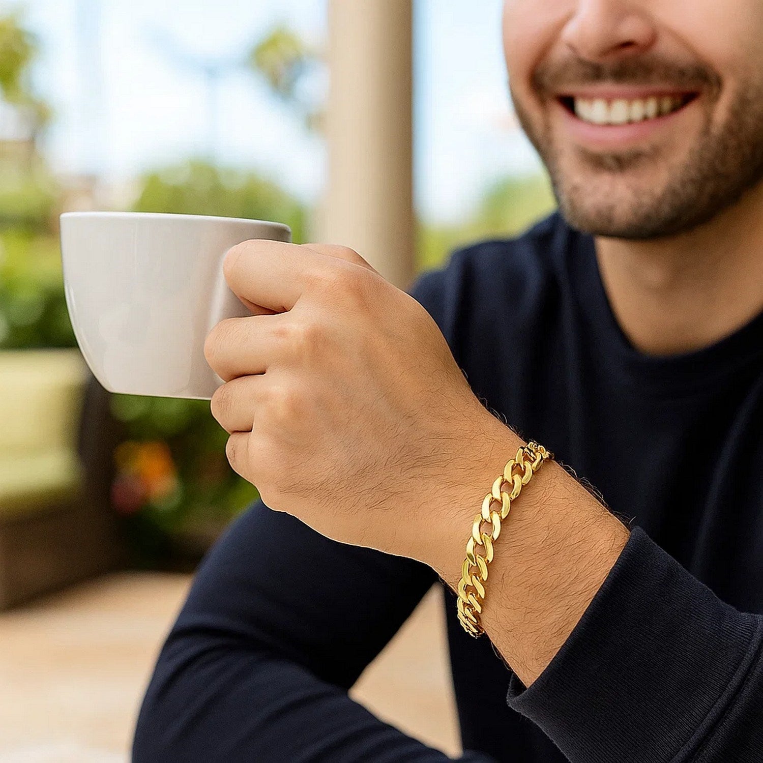 Elegant 14k yellow gold solid curb bracelet, 8.20 mm wide, showcasing a luxurious chain design.