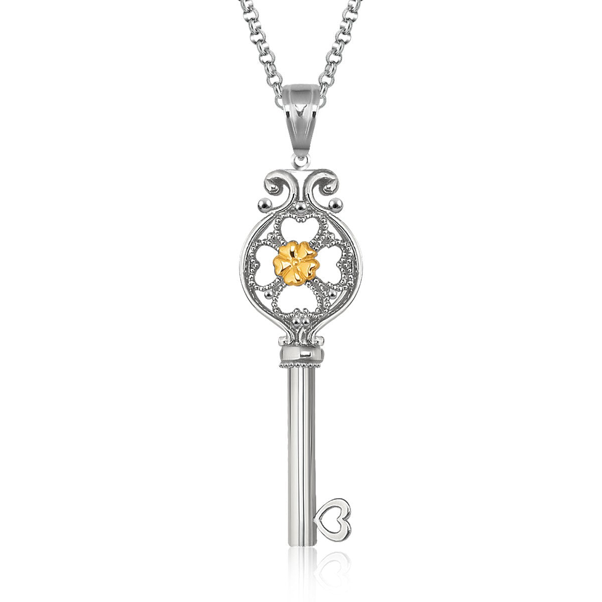 14K yellow gold and sterling silver floral key pendant with elegant chain, perfect for a luxurious touch.