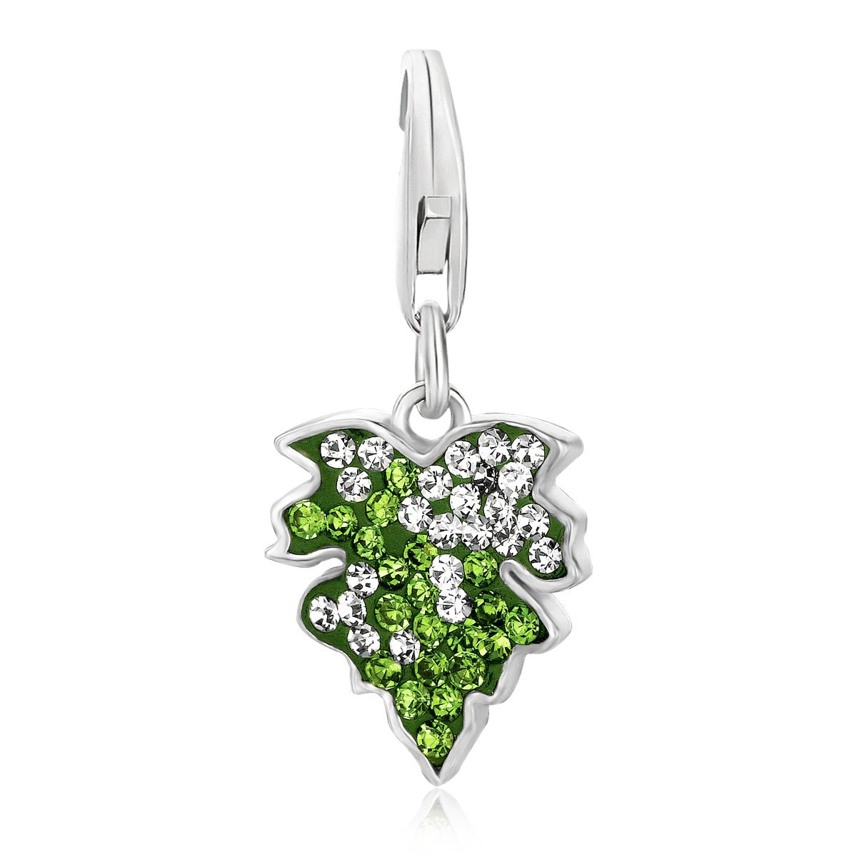 Sterling silver leaf charms adorned with multi-tone crystals, exuding elegance and luxury for a refined jewelry collection.
