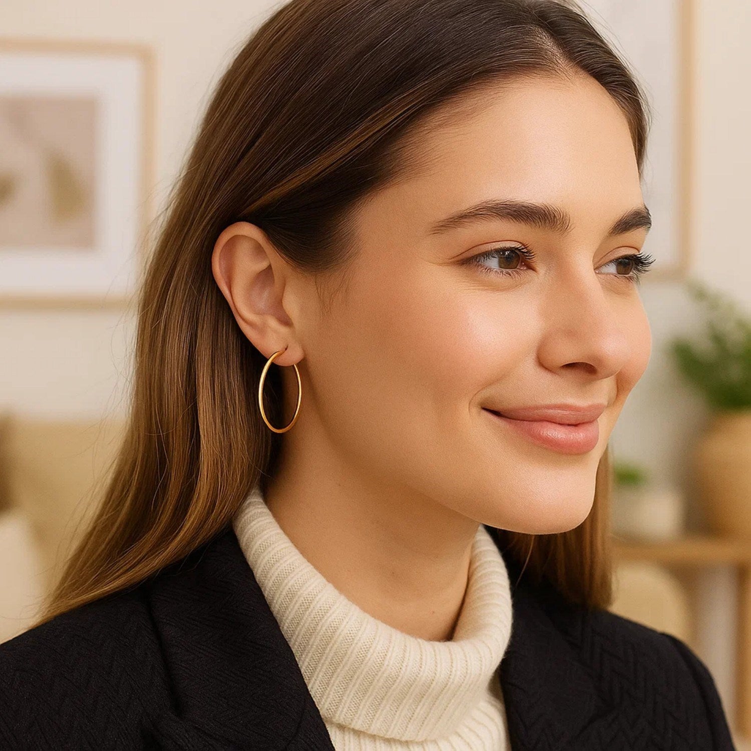 Elegant 14k yellow gold polished hoop earrings, 30mm, showcasing a timeless and sophisticated design.