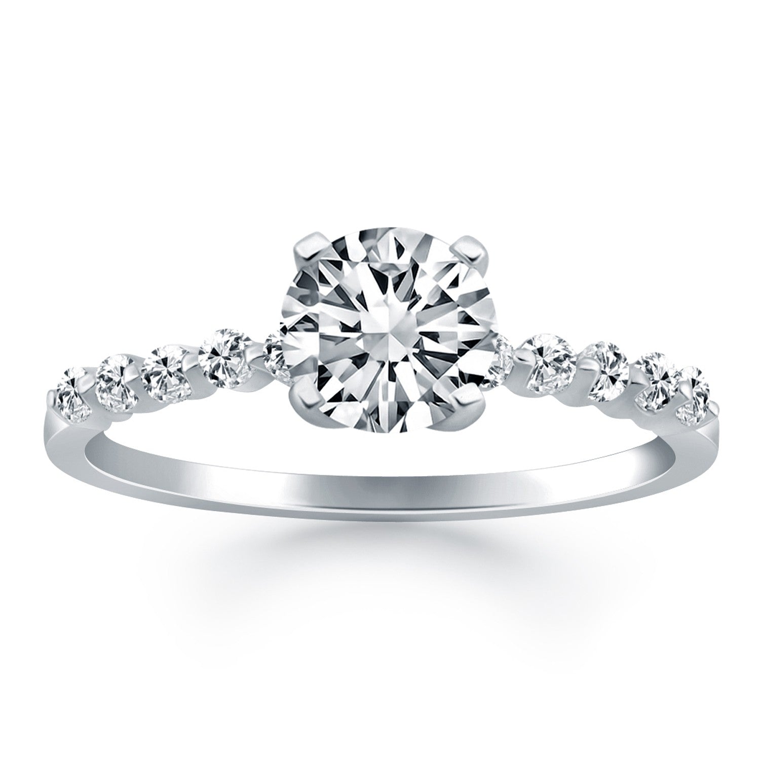 14k white gold engagement ring featuring round diamonds in a modern shared prong setting for timeless elegance.