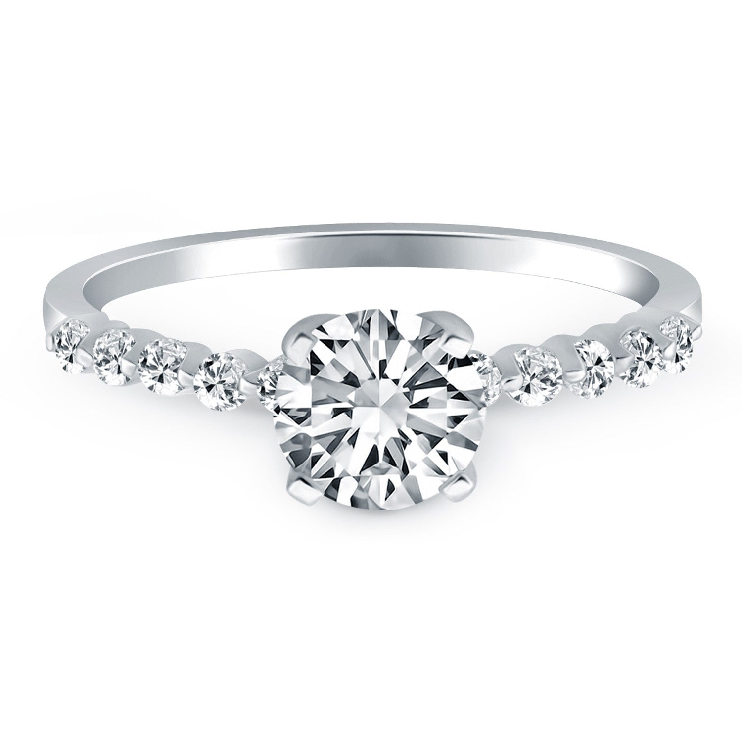14k white gold engagement ring featuring round diamonds and shared prong accents in a modern design.