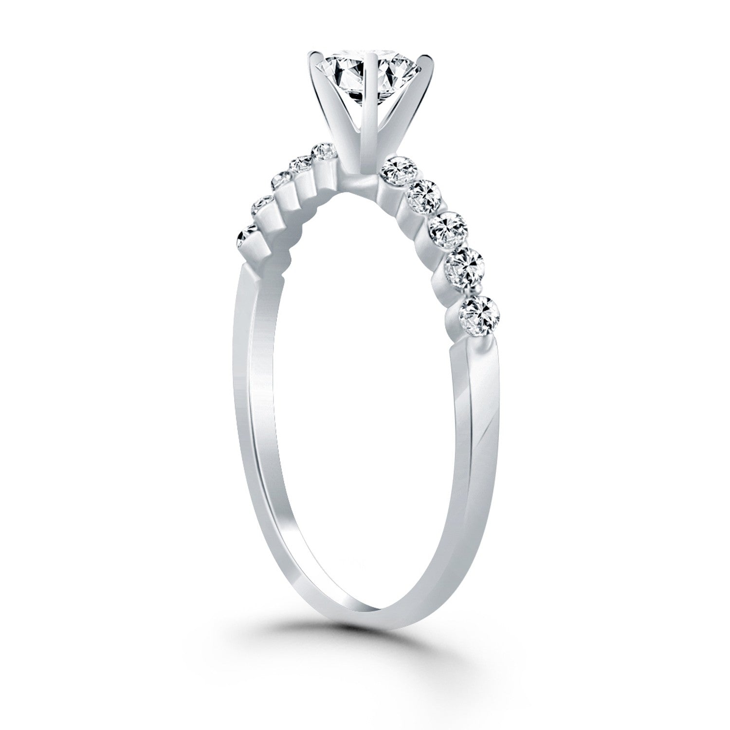 14k white gold engagement ring featuring round diamonds in a modern shared prong setting, showcasing exquisite craftsmanship.