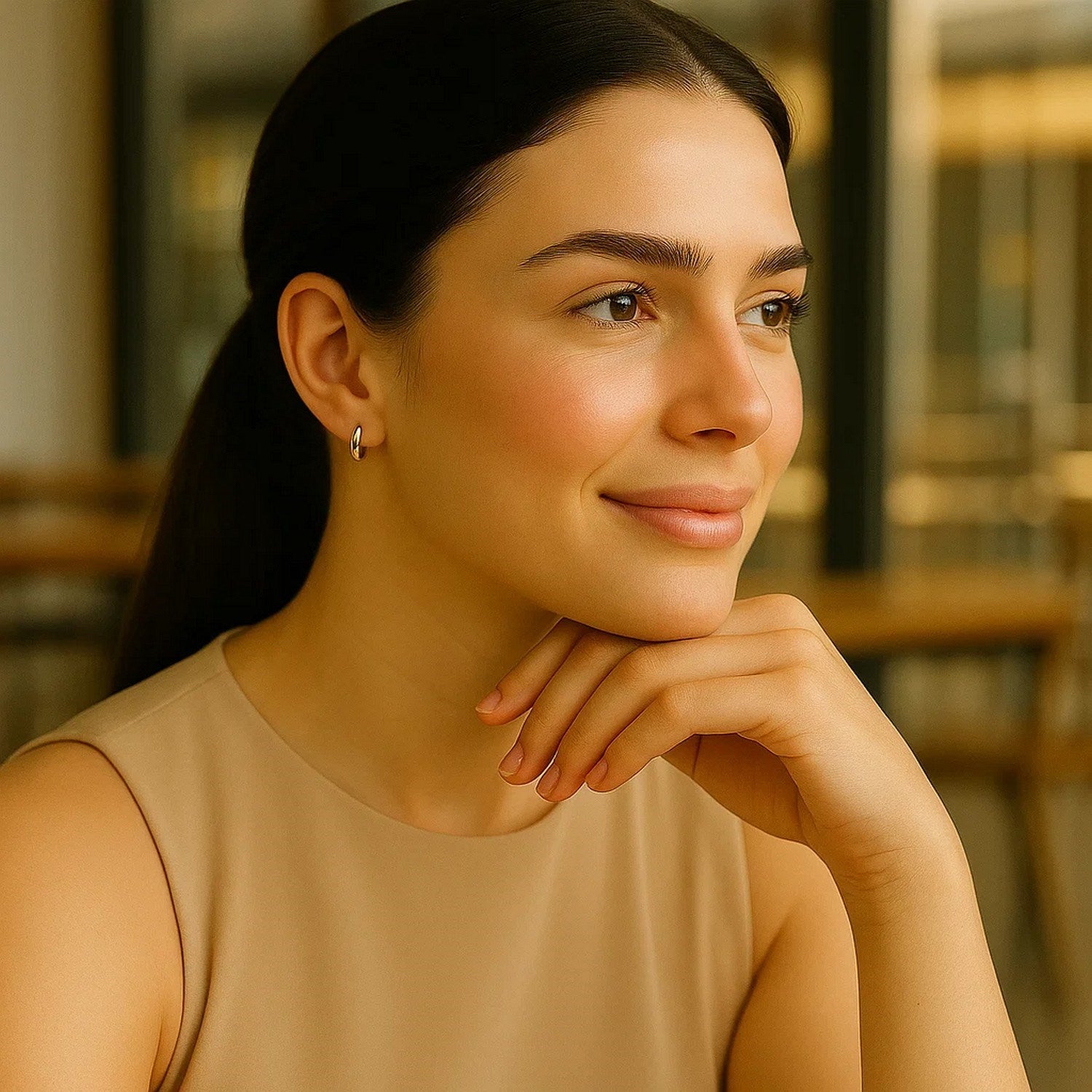 14k yellow gold polished hoop earrings, modern design, 15mm diameter, perfect for elegant everyday wear.