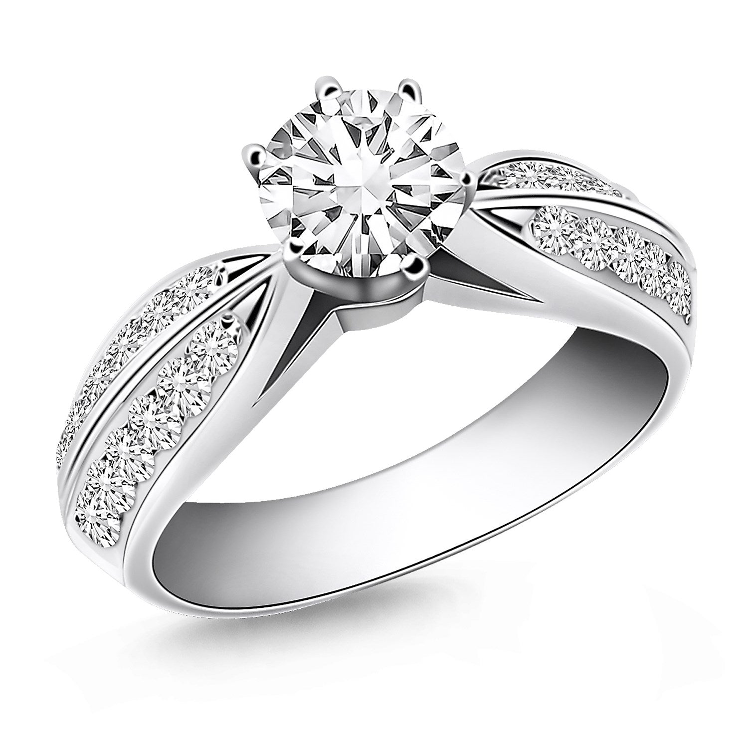 14k white gold cathedral double row pave diamond engagement ring with elegant round diamonds and timeless design.