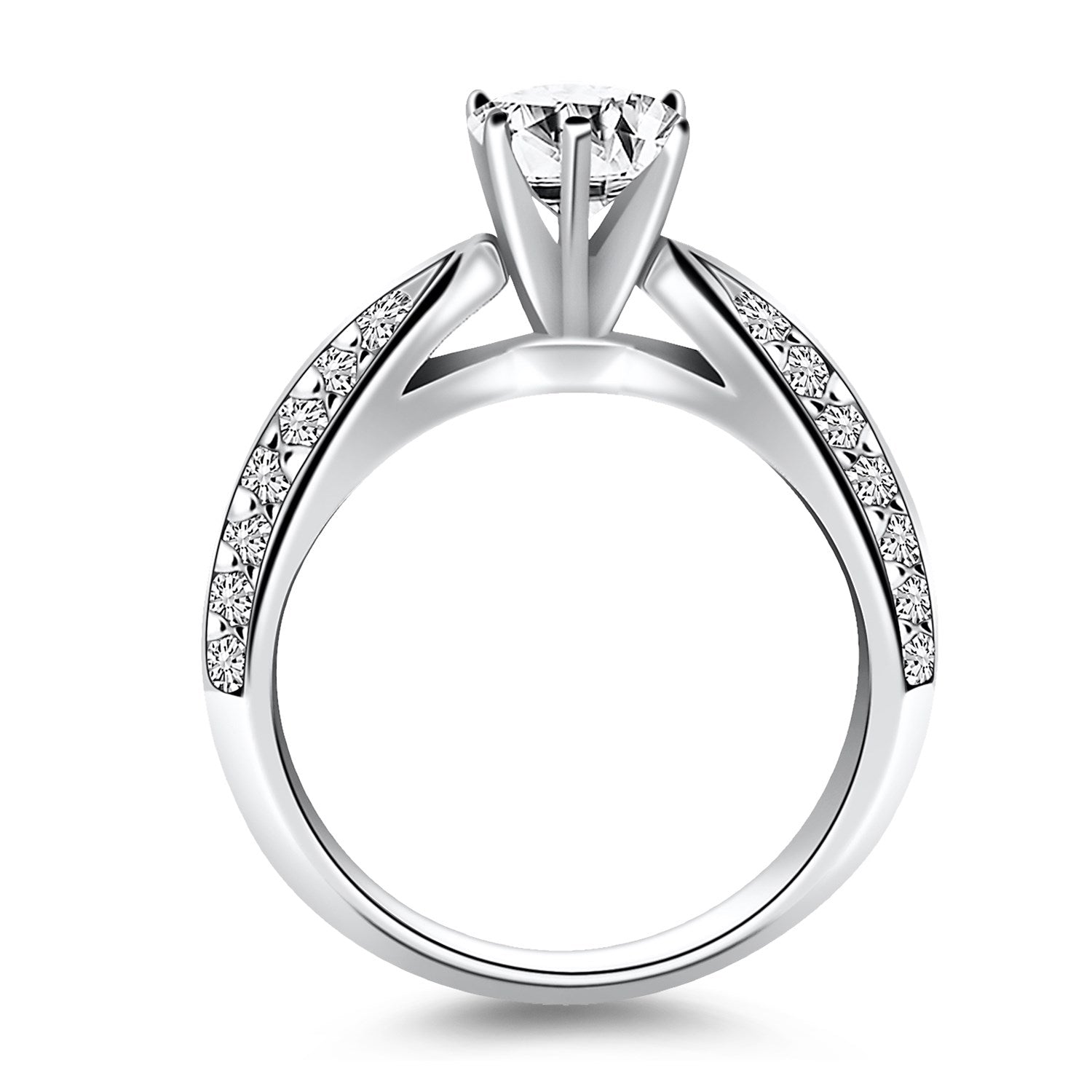 14k white gold cathedral engagement ring featuring double row pave diamonds and elegant round design.