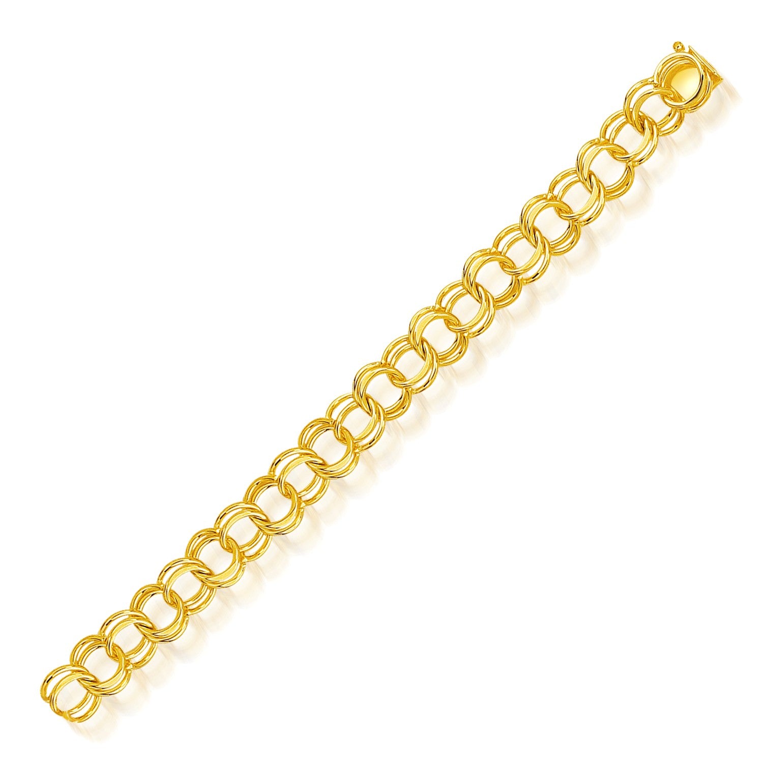 14k yellow gold solid double link charm bracelet, elegantly designed with a polished finish for timeless luxury.