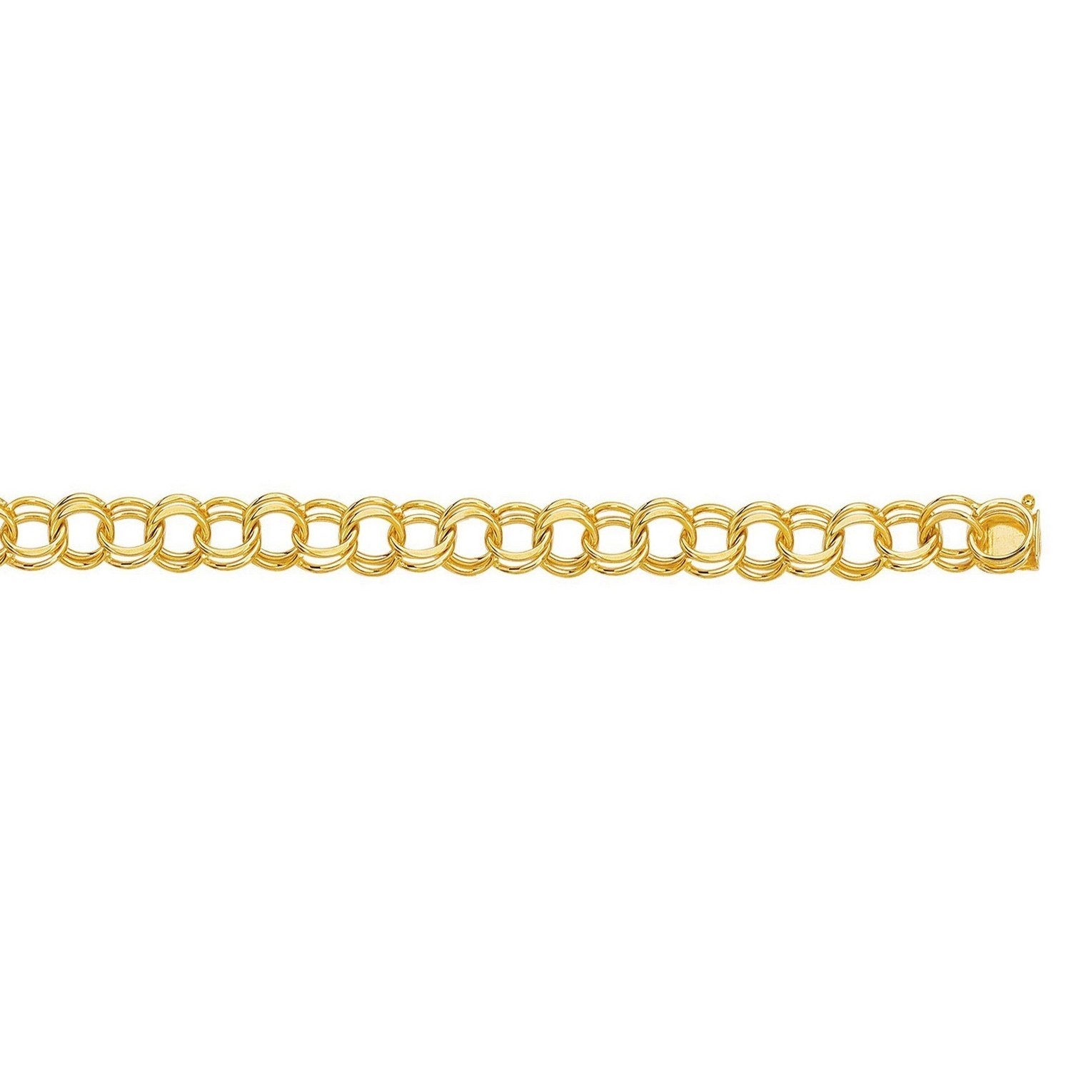 Elegant 14k yellow gold double link charm bracelet showcasing a refined design and luxurious craftsmanship.
