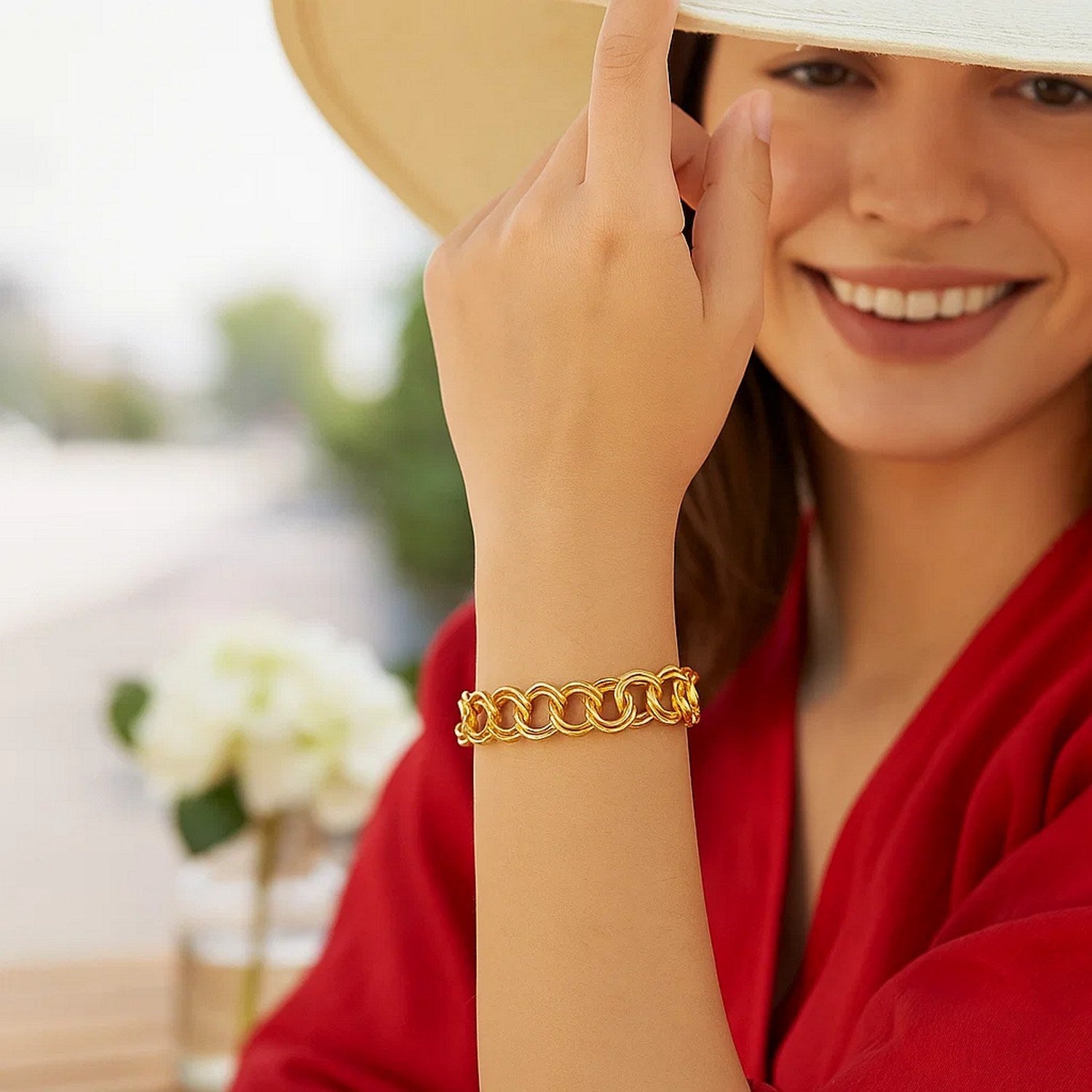 Elegant 14k yellow gold solid double link charm bracelet showcasing a refined design and luxurious craftsmanship.