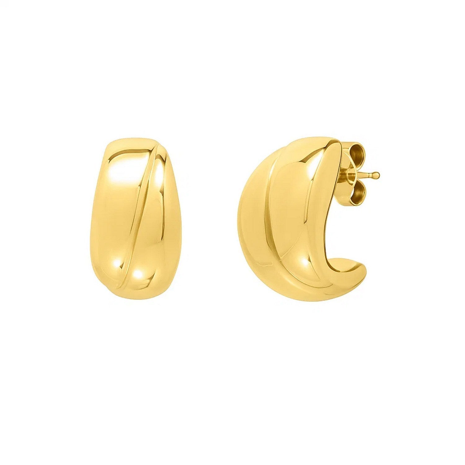 14K yellow gold modern puffed up split hoop earrings, showcasing a sleek and sophisticated design for luxury elegance.