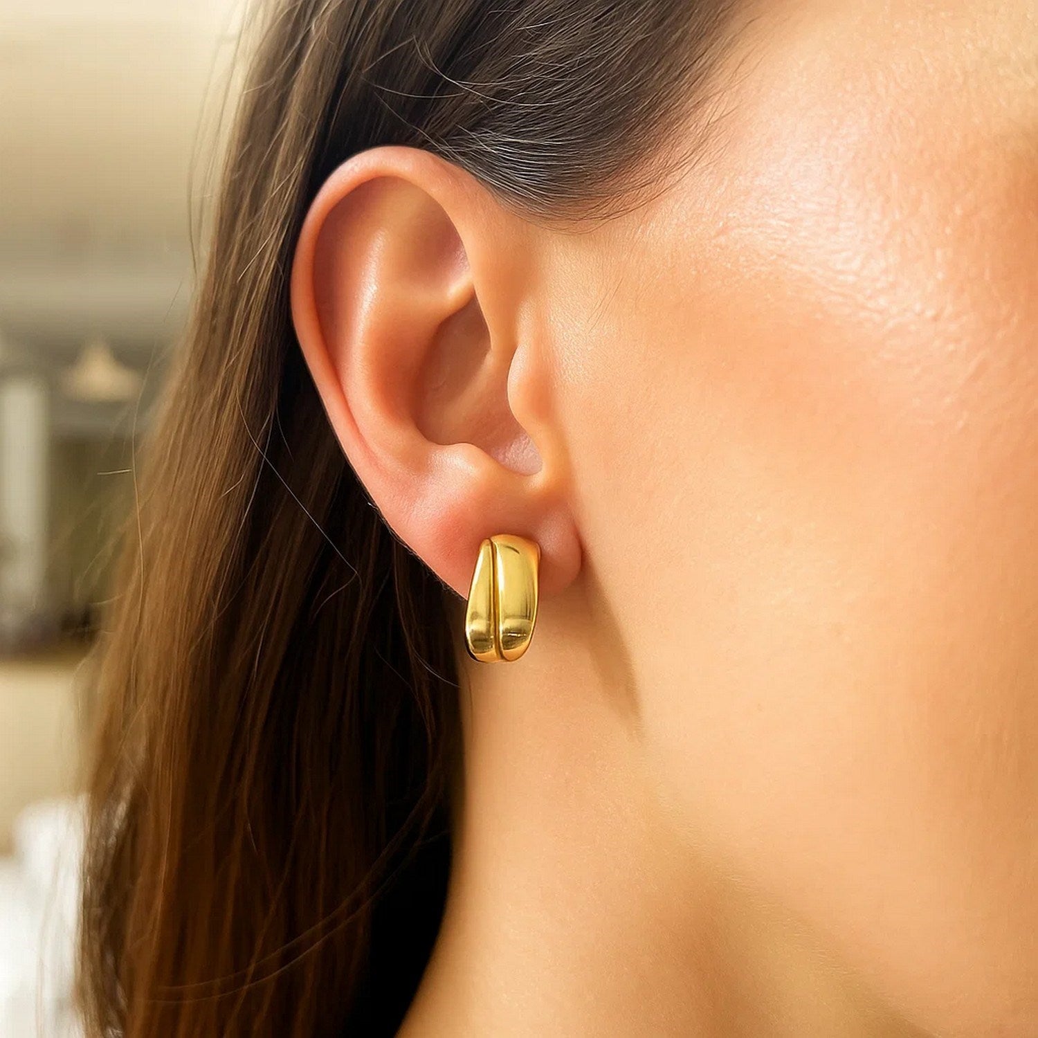 14K yellow gold modern puffed up split hoop earrings showcasing a sleek, contemporary design for elegant style.