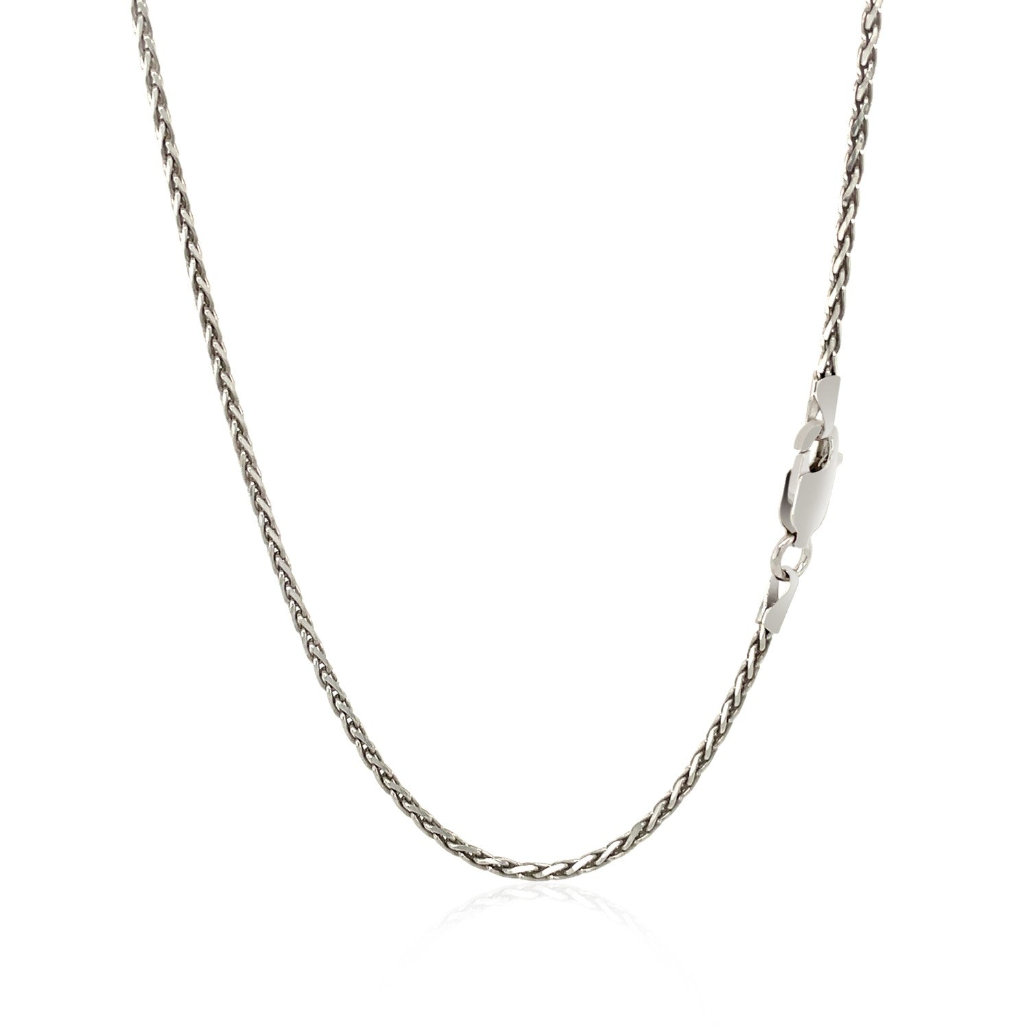 Sterling silver rhodium plated wheat chain, modern design with elegant links, perfect for layering or standalone wear.