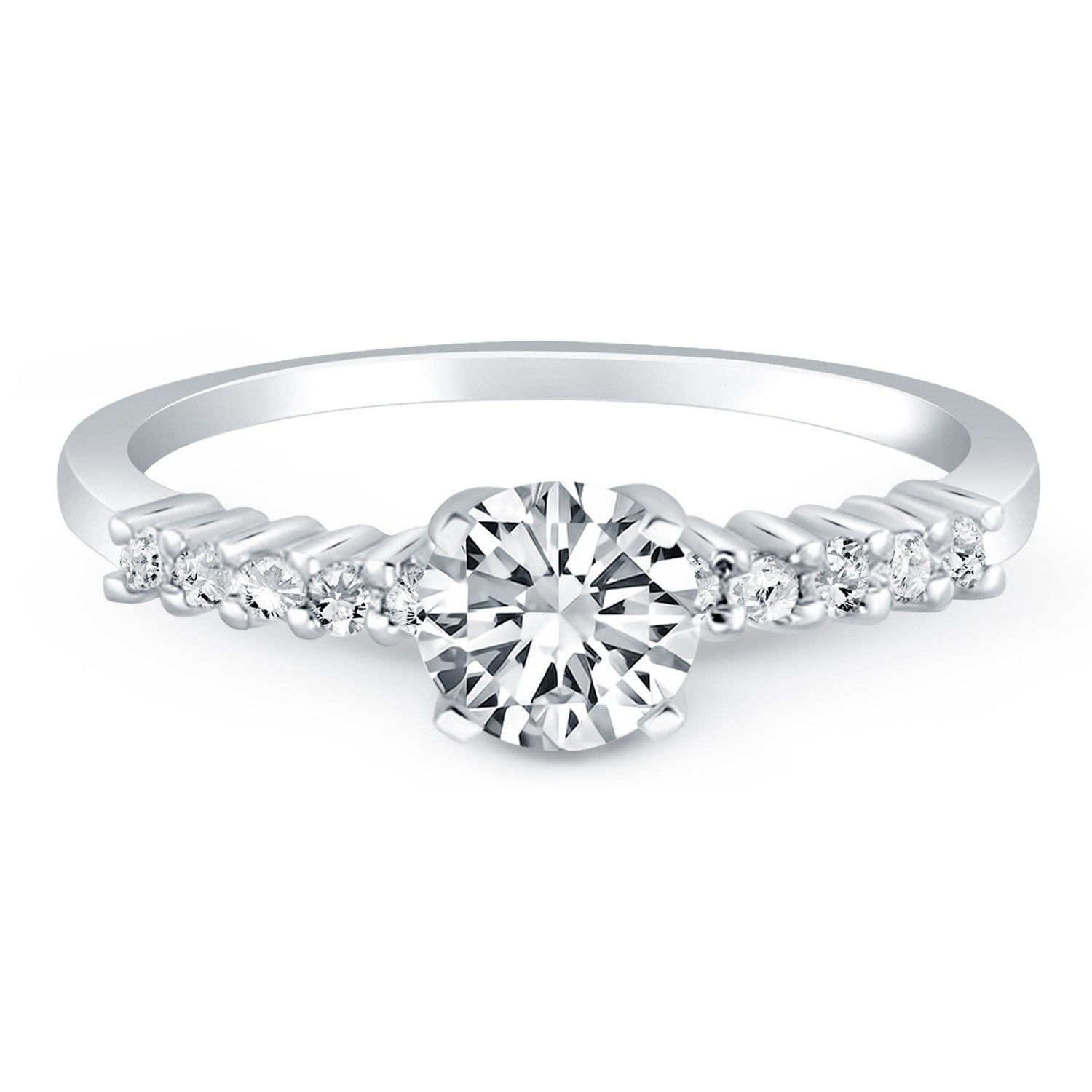 14k white gold shared prong accent diamond engagement ring featuring a modern round design and exquisite sparkle.