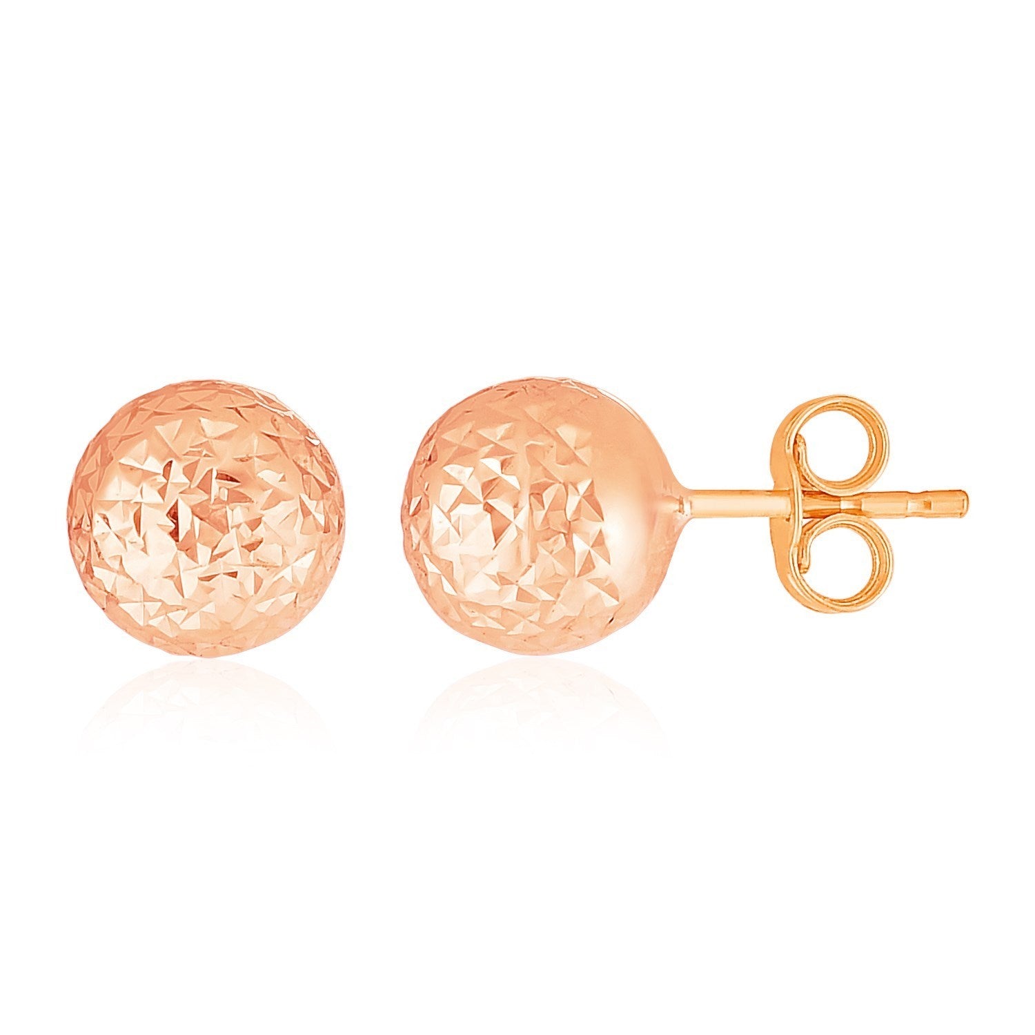 14k rose gold faceted ball stud earrings with a modern design, perfect for elegant everyday wear.
