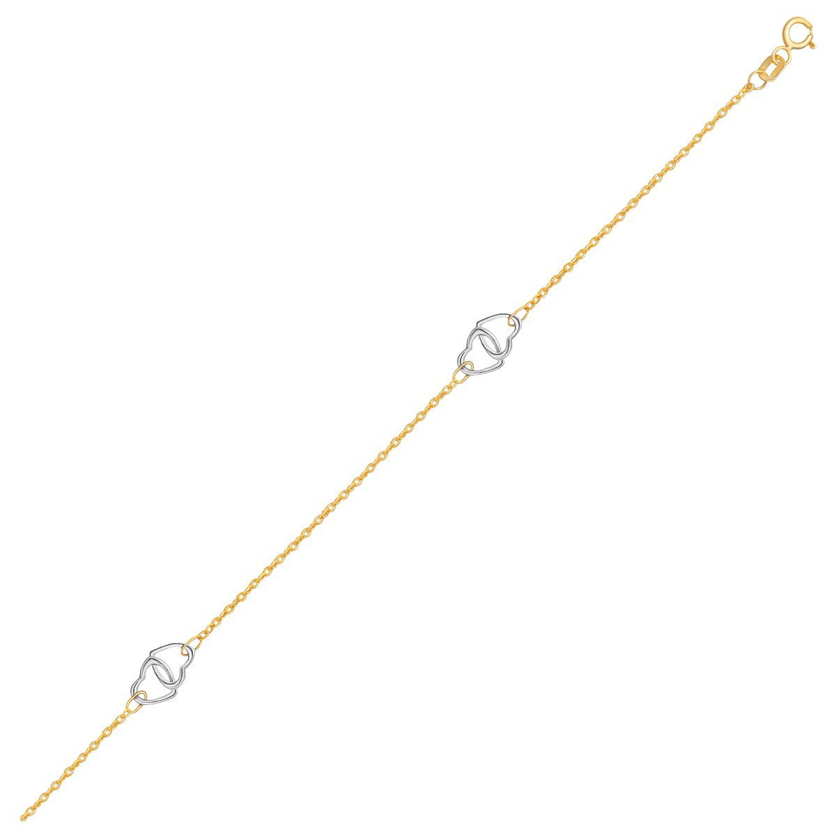 14k two-tone gold entwined heart anklet, modern design showcasing luxury and elegance for sophisticated style.